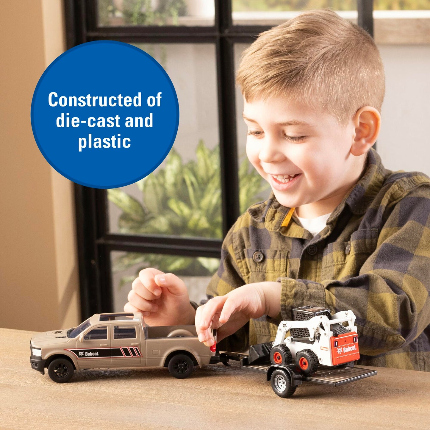 TOMY Bobcat Construction Toys - 1:32 Scale - Includes Pick Up Truck, Skid Steer, Trailer, Worker, and Cones - Collectible Die-Cast Skid Steer - Indoor