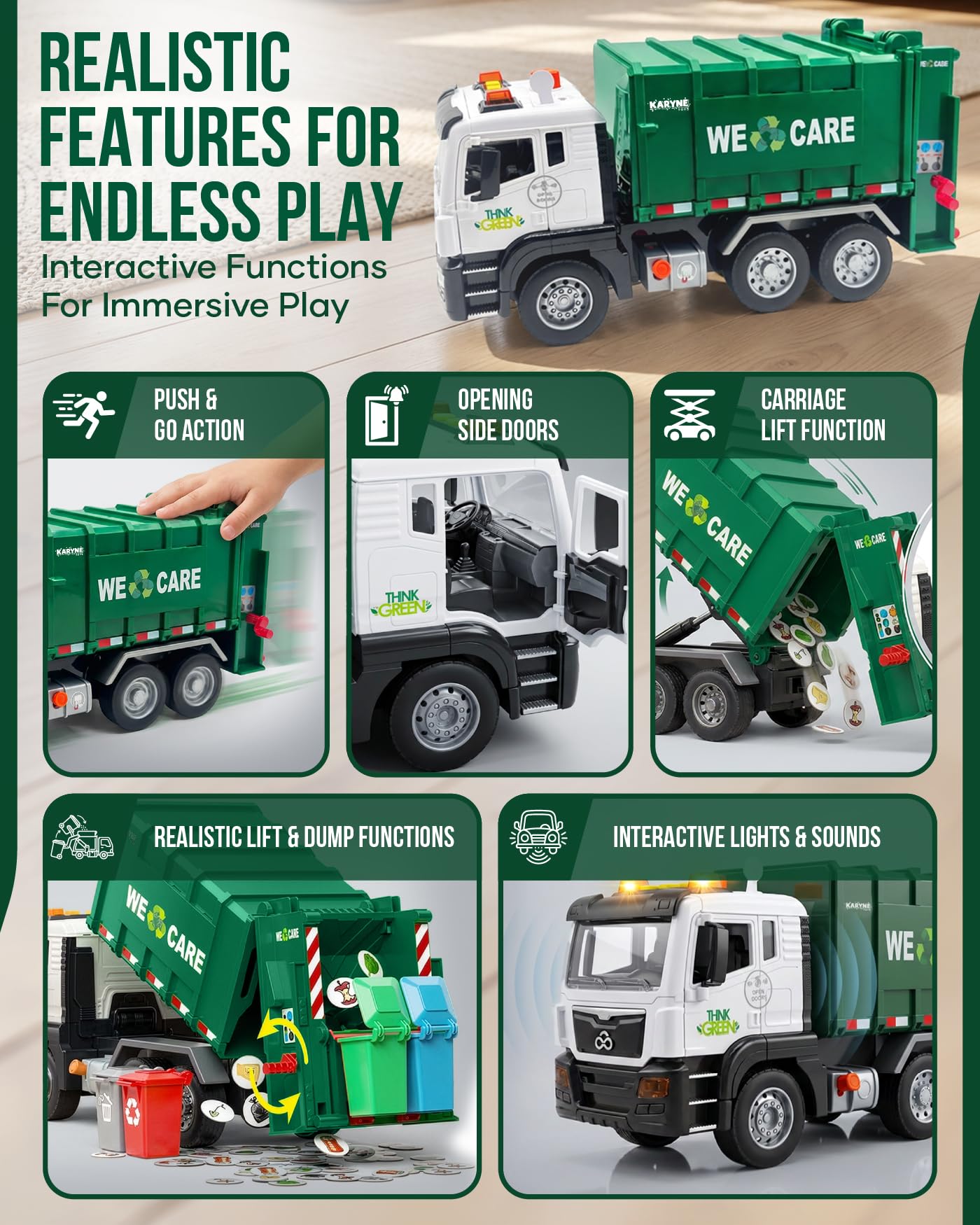 KARYNE TOYS Garbage Truck Toys for Toddlers 1-3+ Age, Includes Safety Vest, 4 Trash Bins, 40 Learning Cards with Lights & Sounds, Trash Truck Toy Set