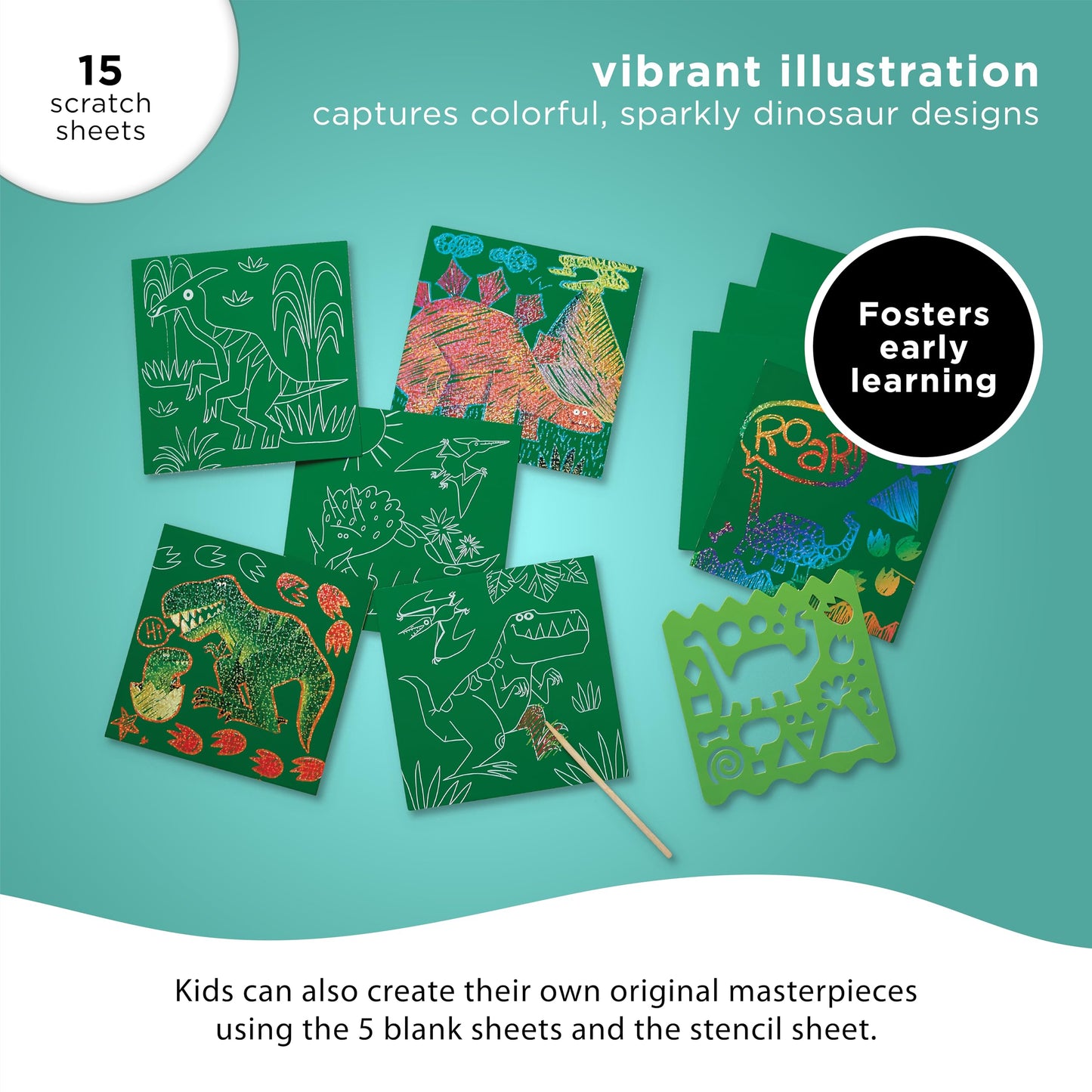 Crocodile Creek Dinosaurs Sparkle Scratch Art for Kids - 16-Sheet Scratch Art Set with 10 Themed Sheets, 5 Blank Sheets, Stencil, and Stylus