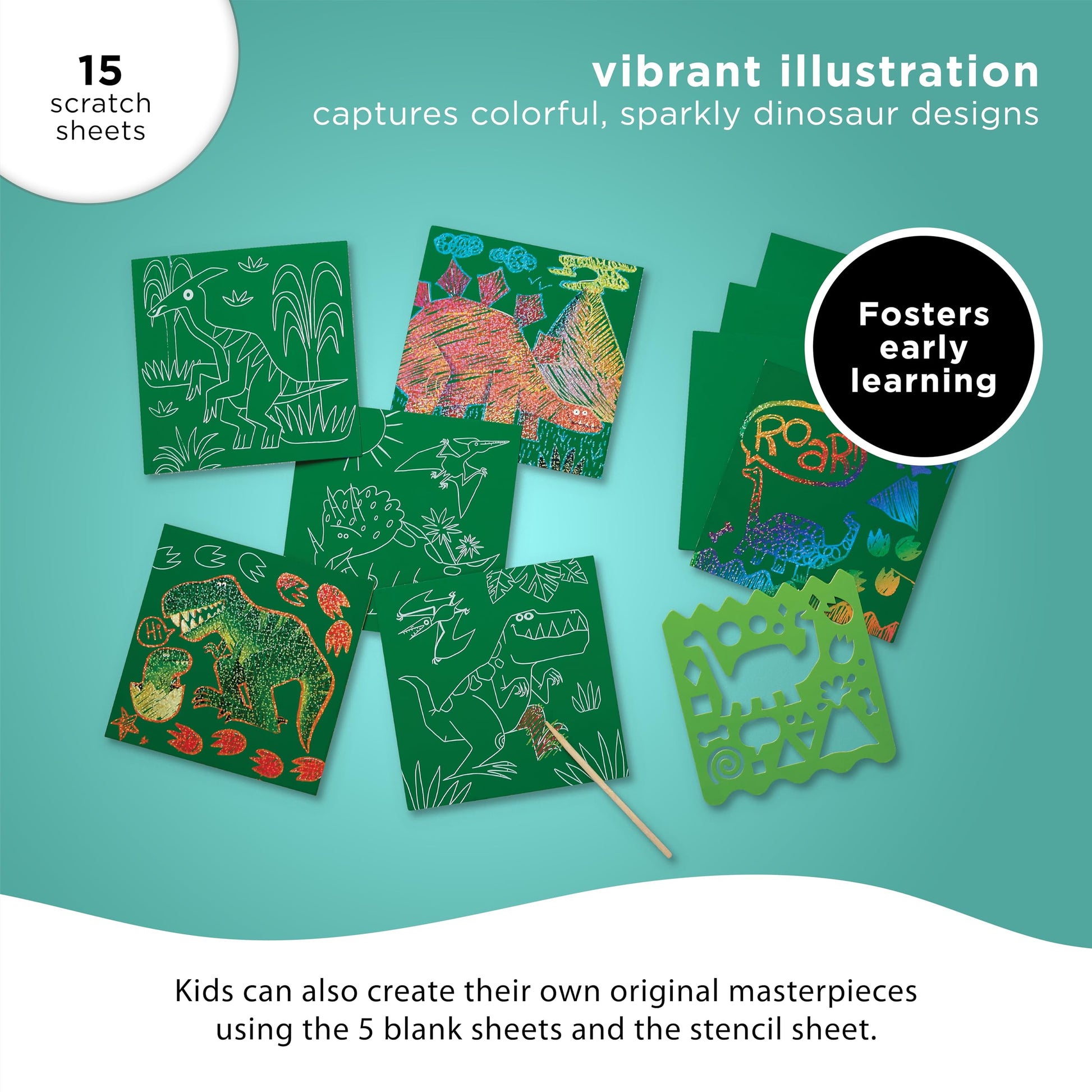 Crocodile Creek Dinosaurs Sparkle Scratch Art for Kids - 16-Sheet Scratch Art Set with 10 Themed Sheets, 5 Blank Sheets, Stencil, and Stylus