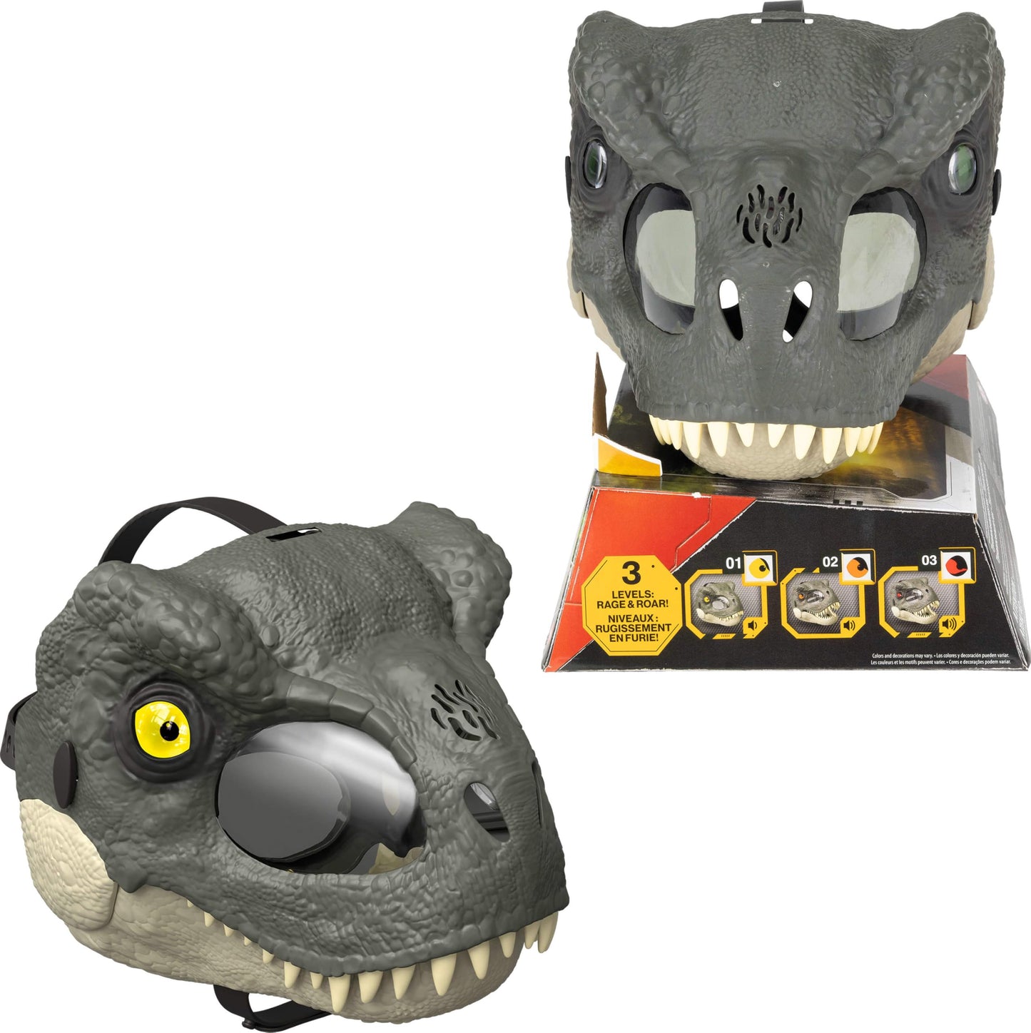 Mattel Jurassic World Rebirth T-Rex Rage N Roar Mask with LED Light Up Eyes, Blink Action with 3 Level Aggression Effect, Dinosaur Costume Headgear