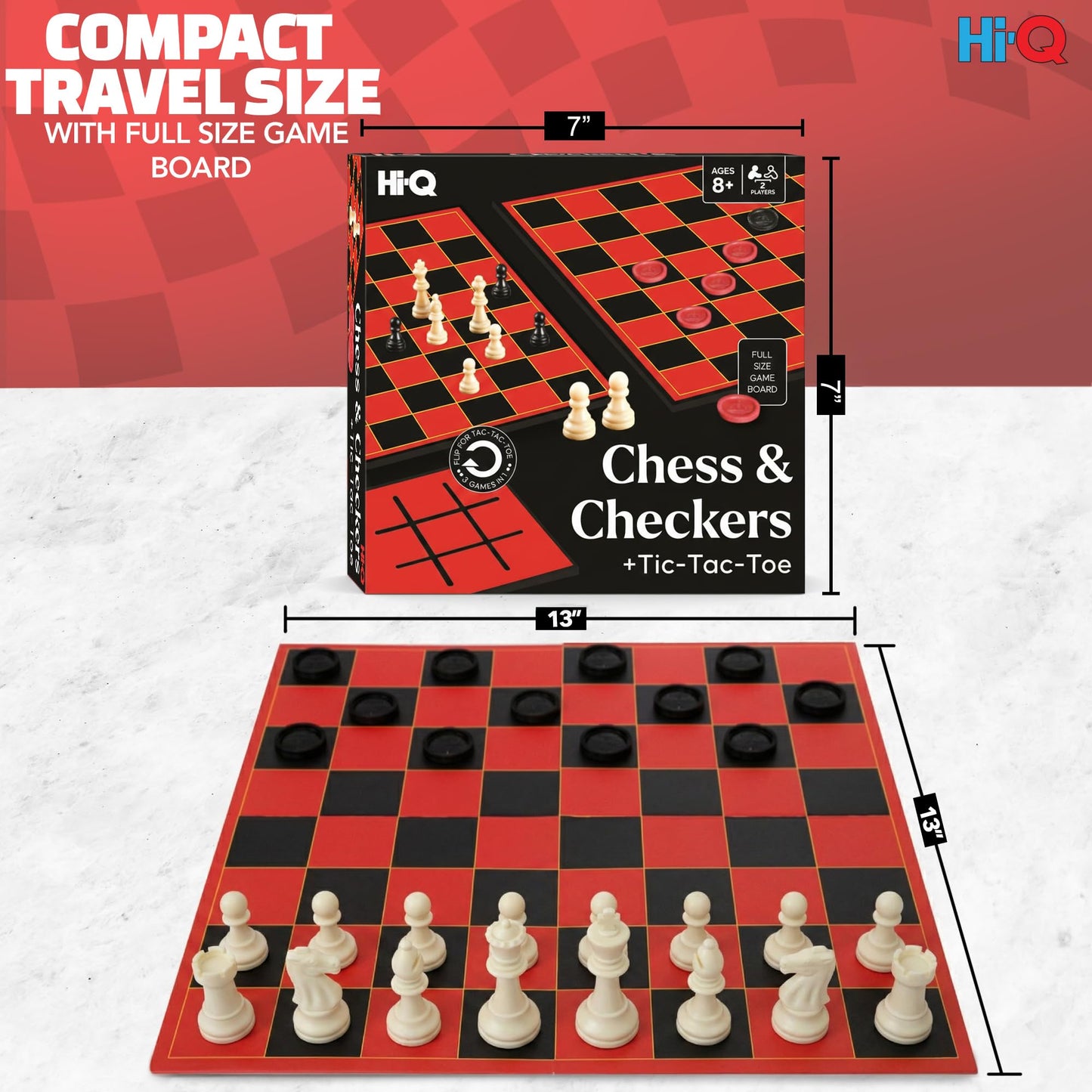 Hi-Q 3-in-1 Chess, Checkers & Tic-Tac-Toe Game Set - Double-Sided Folding Board - Staunton Style Pieces & Interlocking Checkers - Classic Strategy