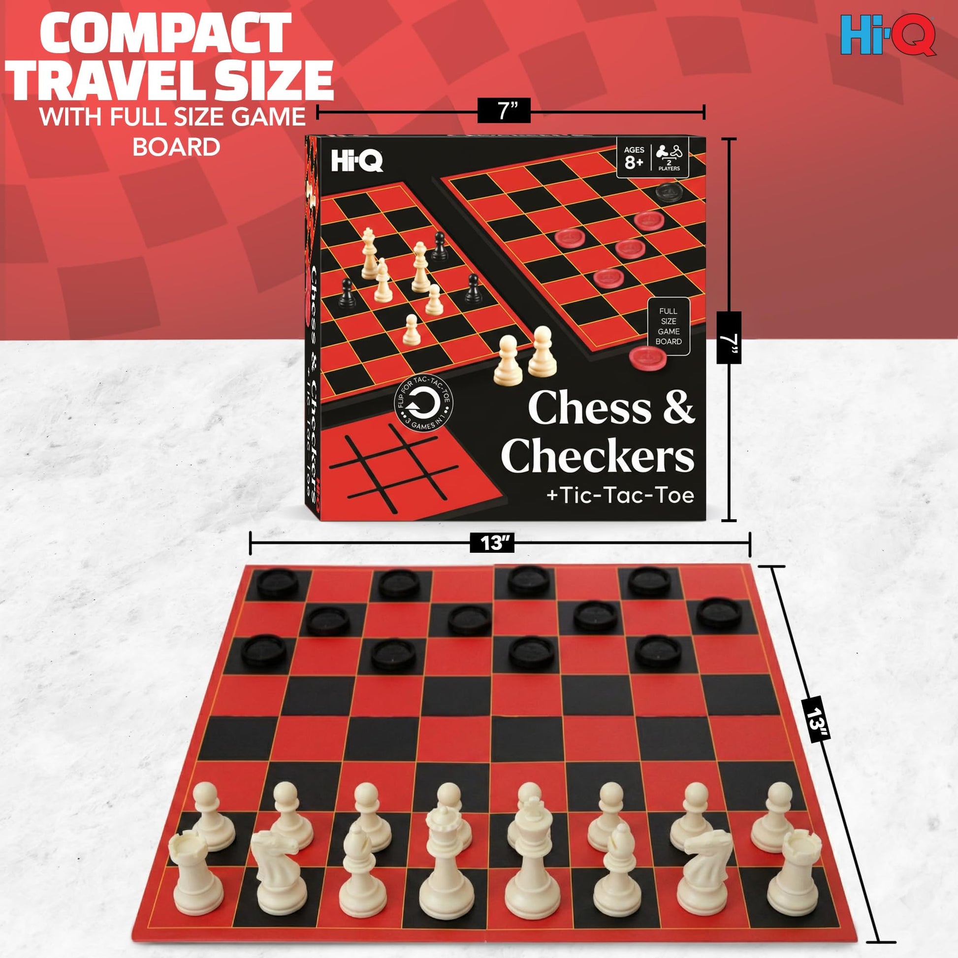 Hi-Q 3-in-1 Chess, Checkers & Tic-Tac-Toe Game Set - Double-Sided Folding Board - Staunton Style Pieces & Interlocking Checkers - Classic Strategy