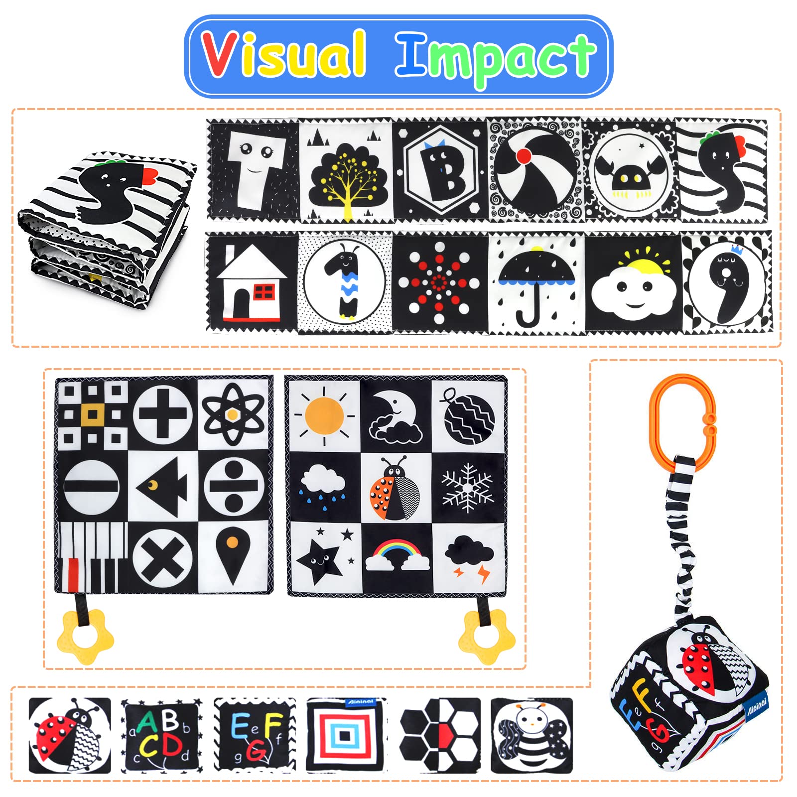 KUANGO 3 PCS Black and White High Contrast Baby Toys Newborn Toys 0-6 Months, Visual Stimulation Sensory Soft Book, Infant Tummy Time Toys 0-3-6