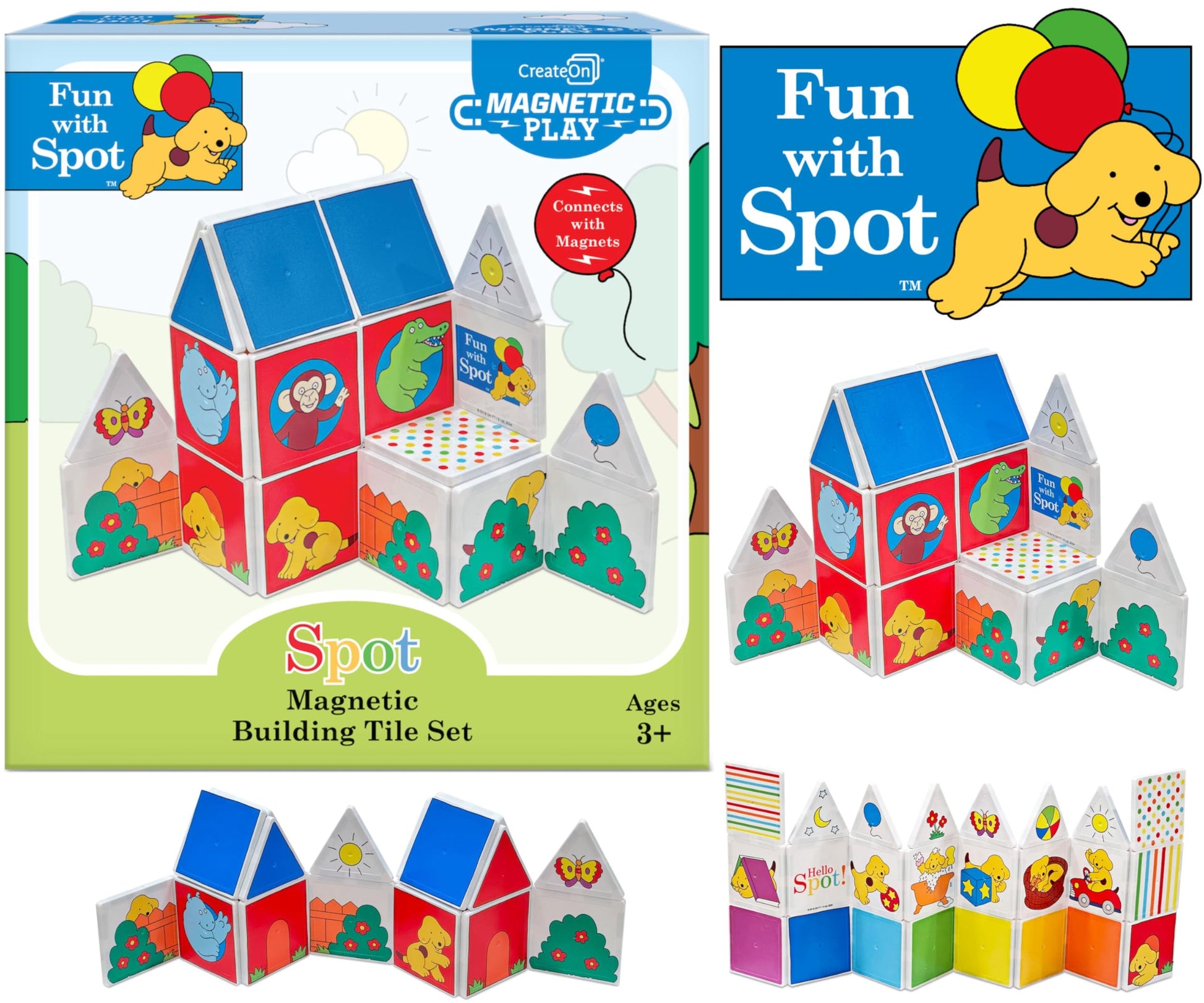 CreateOn Fun with Spot Magnetic Tiles, Building Set for Kids, Magnetic Tiles, Kids’ Building Toys, STEM Toys for Boys and Girls Ages 3+, 24-Piece Set