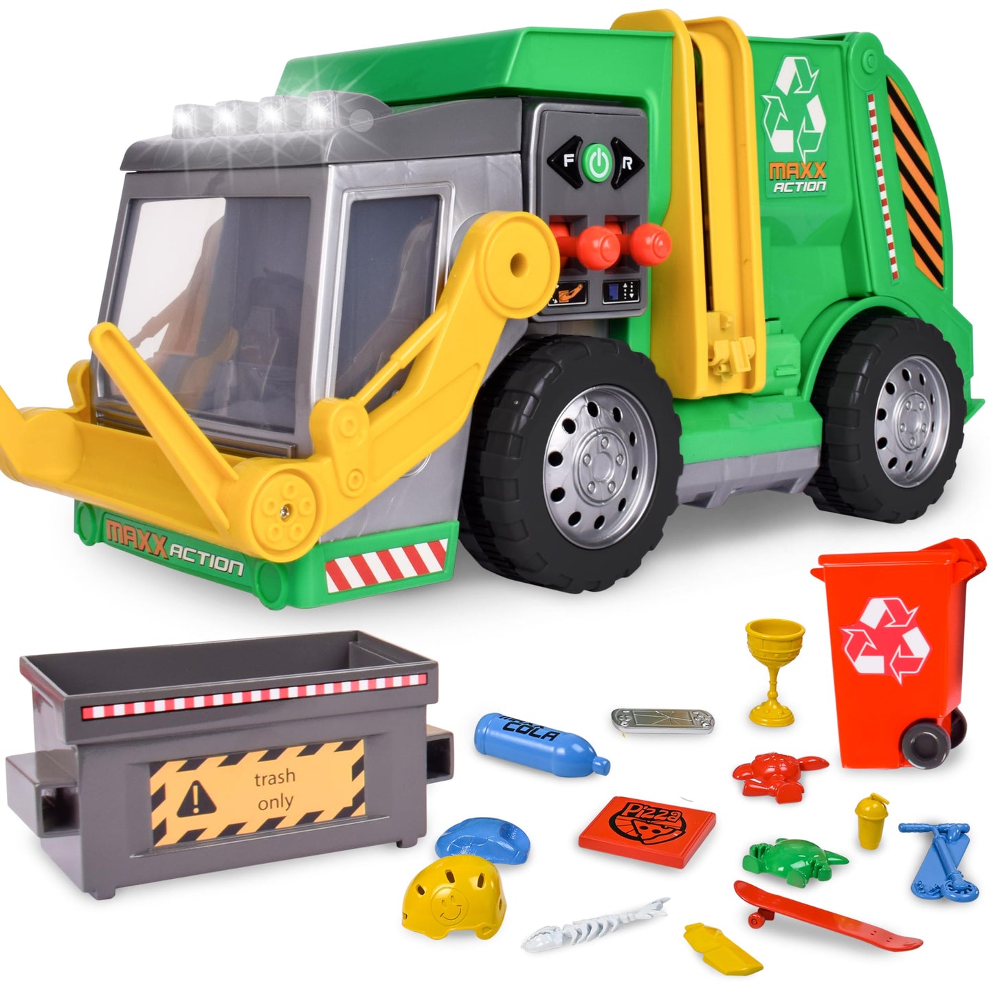 Maxx Action Large Motorized 19" Maxx Action Garbage Truck Toy Set with Lights and Sound Includes Dumpster, Trash Bin and Miniature Trash Pieces