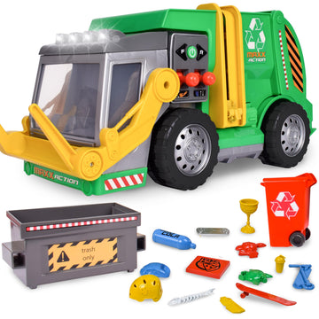 Maxx Action Large Motorized 19" Maxx Action Garbage Truck Toy Set with Lights and Sound Includes Dumpster, Trash Bin and Miniature Trash Pieces