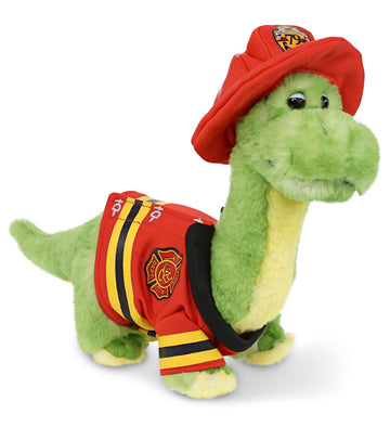 DolliBu Green Dinosaur Firefighter Stuffed Animal with Name Personalization - Super Soft Dinosaur with Red Fireman Costume Outfit and Fireman Hat