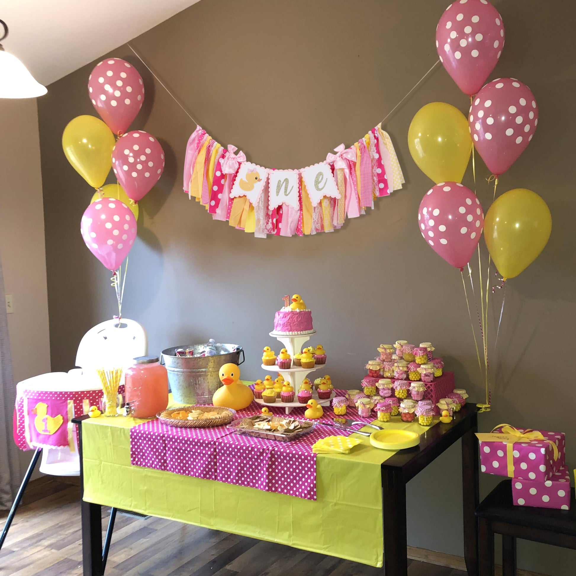 Duck High Chair Banner - Pink Rubber Duck 1st Birthday Party Decoration, Ducky Birthday Party Baby Shower