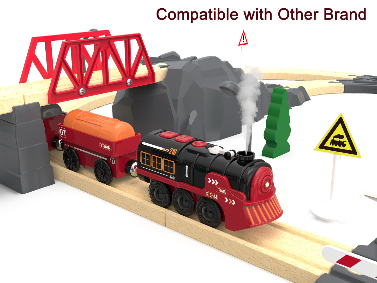 Toy Train Electric Train Set for Wooden Tracks, Christmas Motorized Train Toys for Toddlers, Battery Operated Train Includes Lights, Sounds, Smoke