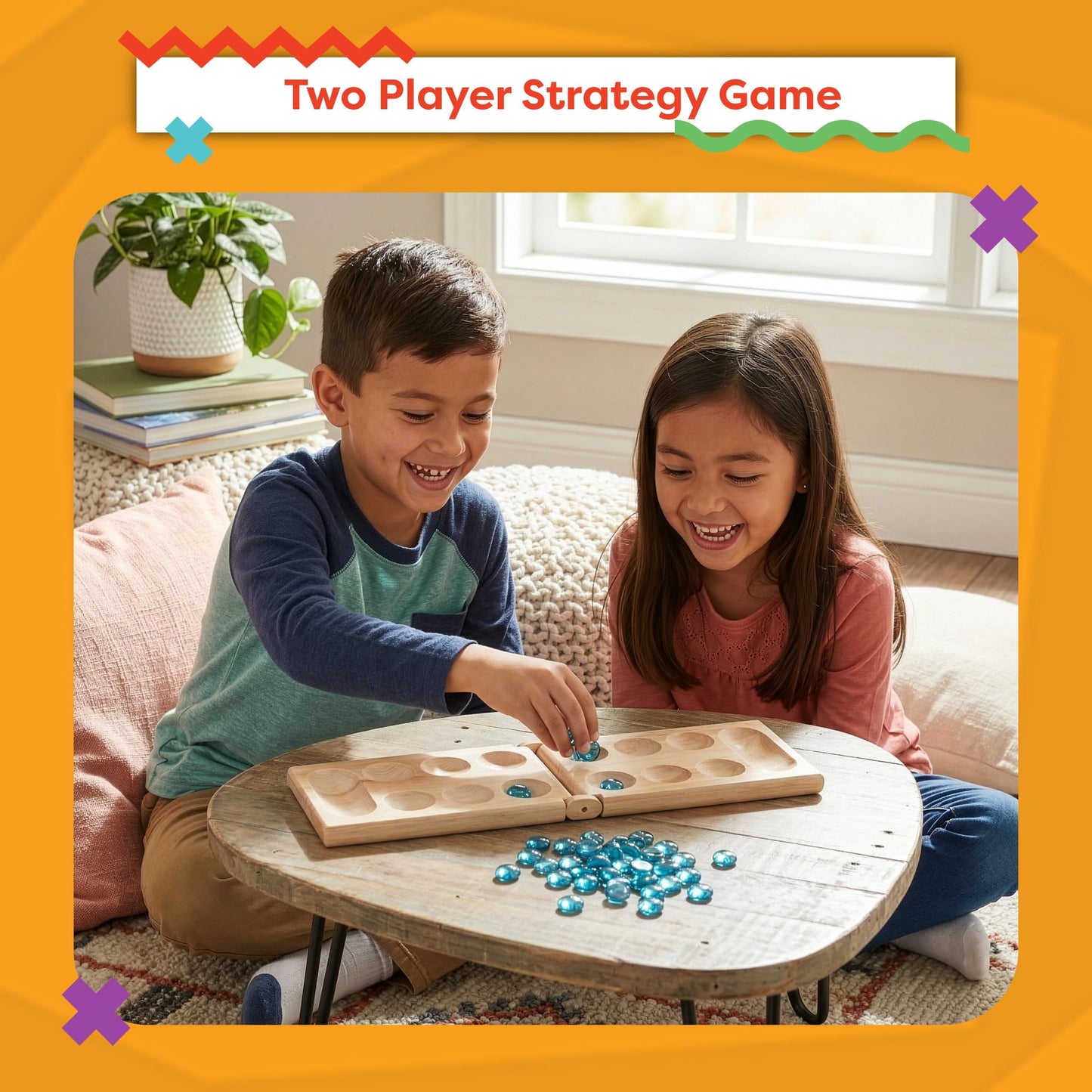 Mancala Board Game - 2-Person Strategy Game for Kids and Adults with Folding Wood Board and 48 Mancala Stones by Hey! Play!