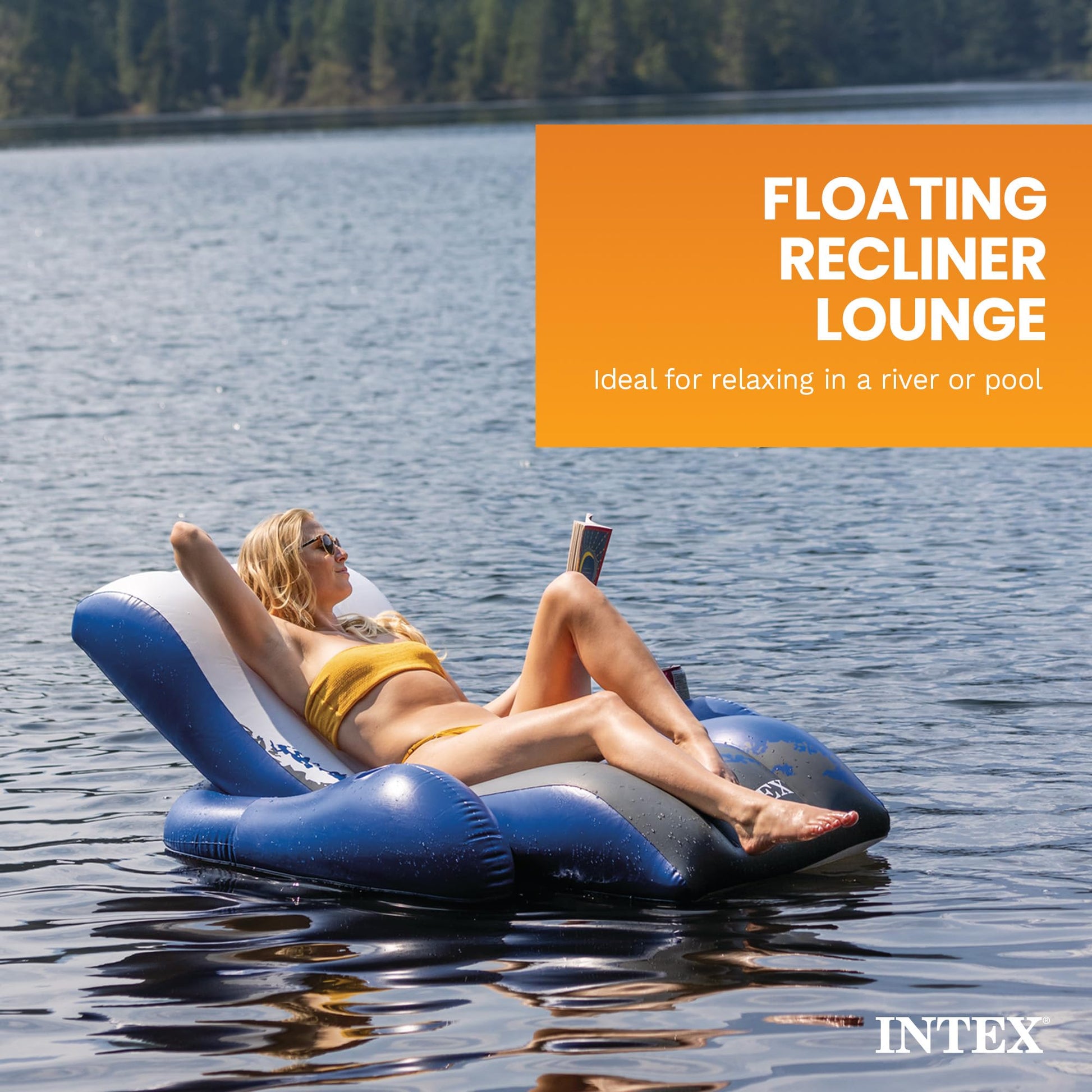 Intex Inflatable Lounge Pool Recliner Lounger Chair with Cup Holders - Heavy-Duty Float Raft for Adults, 220 Lb Capacity Large Floating Tanning Chair