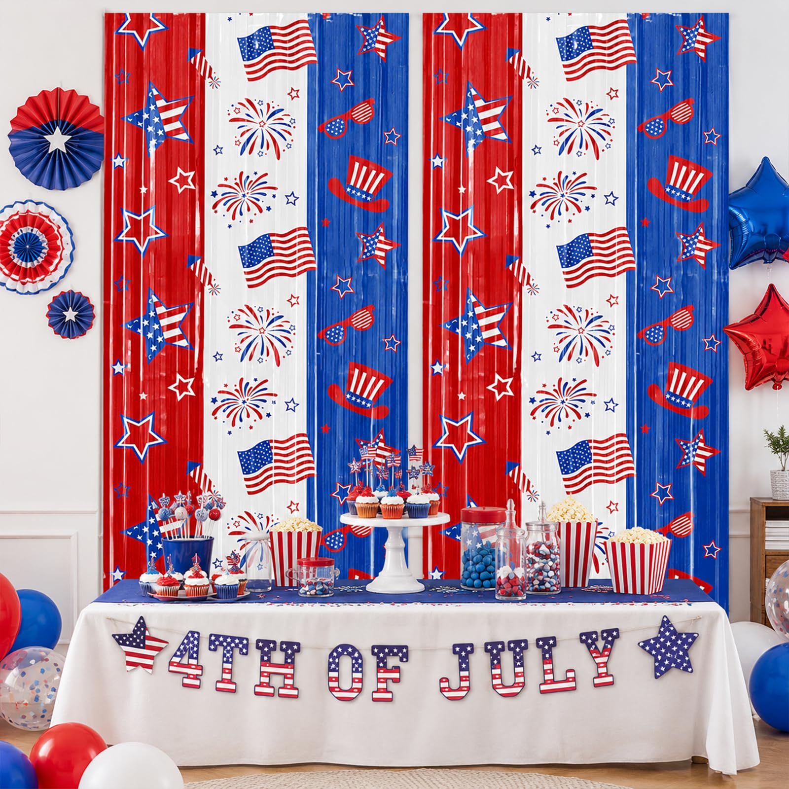 2 Pack 4th of July Foil Fringe Curtains, Red White Blue Patriotic Backdrop Streamers 3.3 x 6.6 ft, American Flag Hanging Decorations for Independence