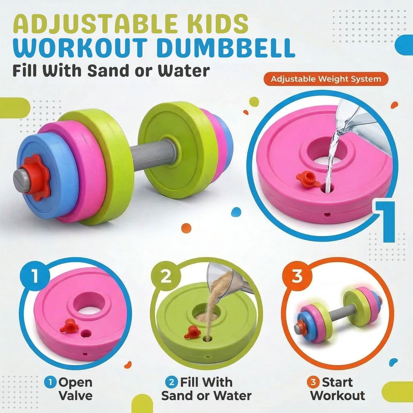 Kids Workout Dumbbell Weights Set - Toddler Toy Gym Equipment for Pretend Play Lifting, Exercise & Fitness - Adjustable Fill with Sand or Water (2