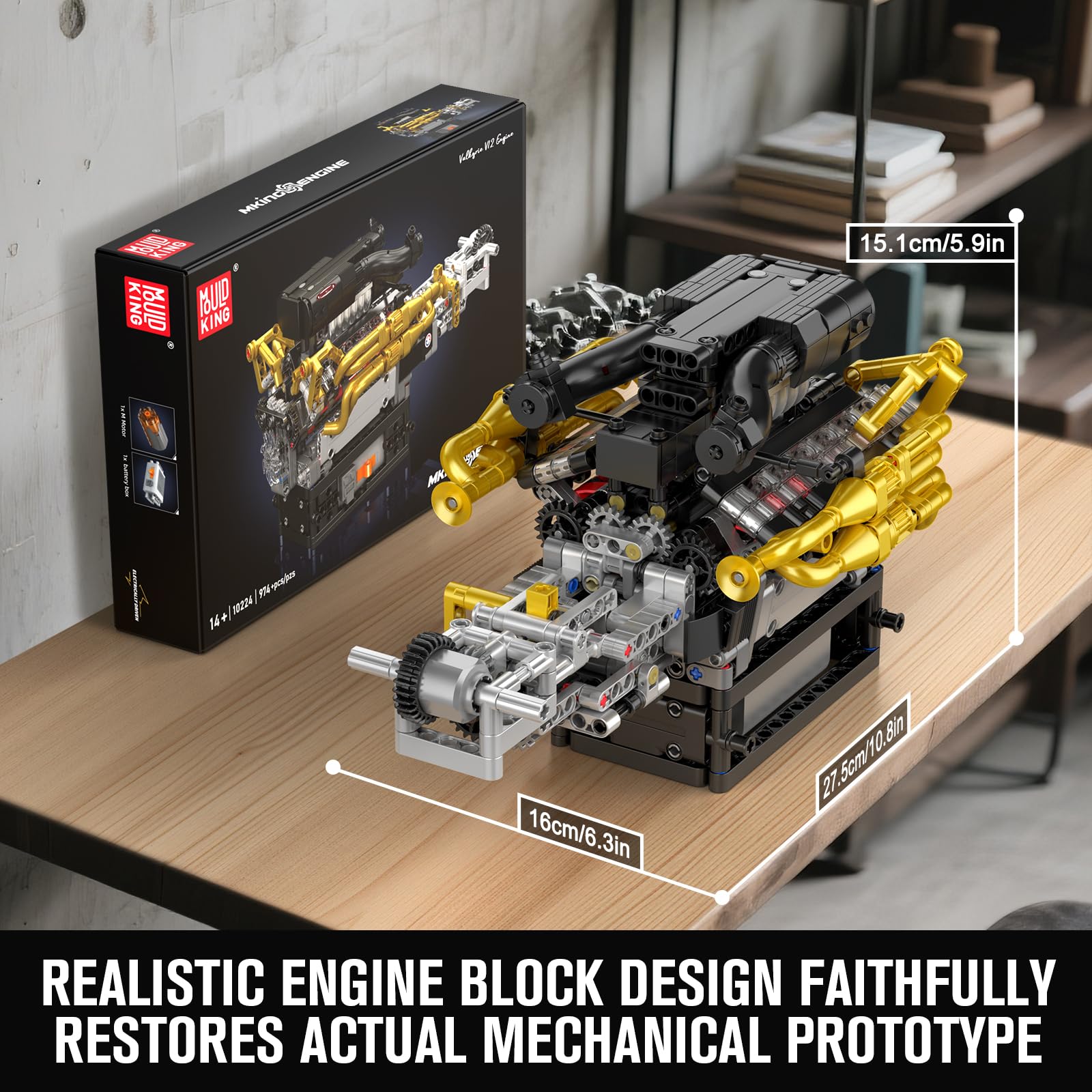 Mould King 10224 V12 Engine Model Kit - Build Your Own Cars Combustion Battery/Motor Blocks Sets, STEM Construction Kit for Teens/Adults, Educational