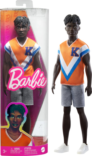 Barbie Fashionistas Ken Fashion Doll with Twisted Black Hair Wearing Orange Athletic Jersey, Shorts & White Sneakers