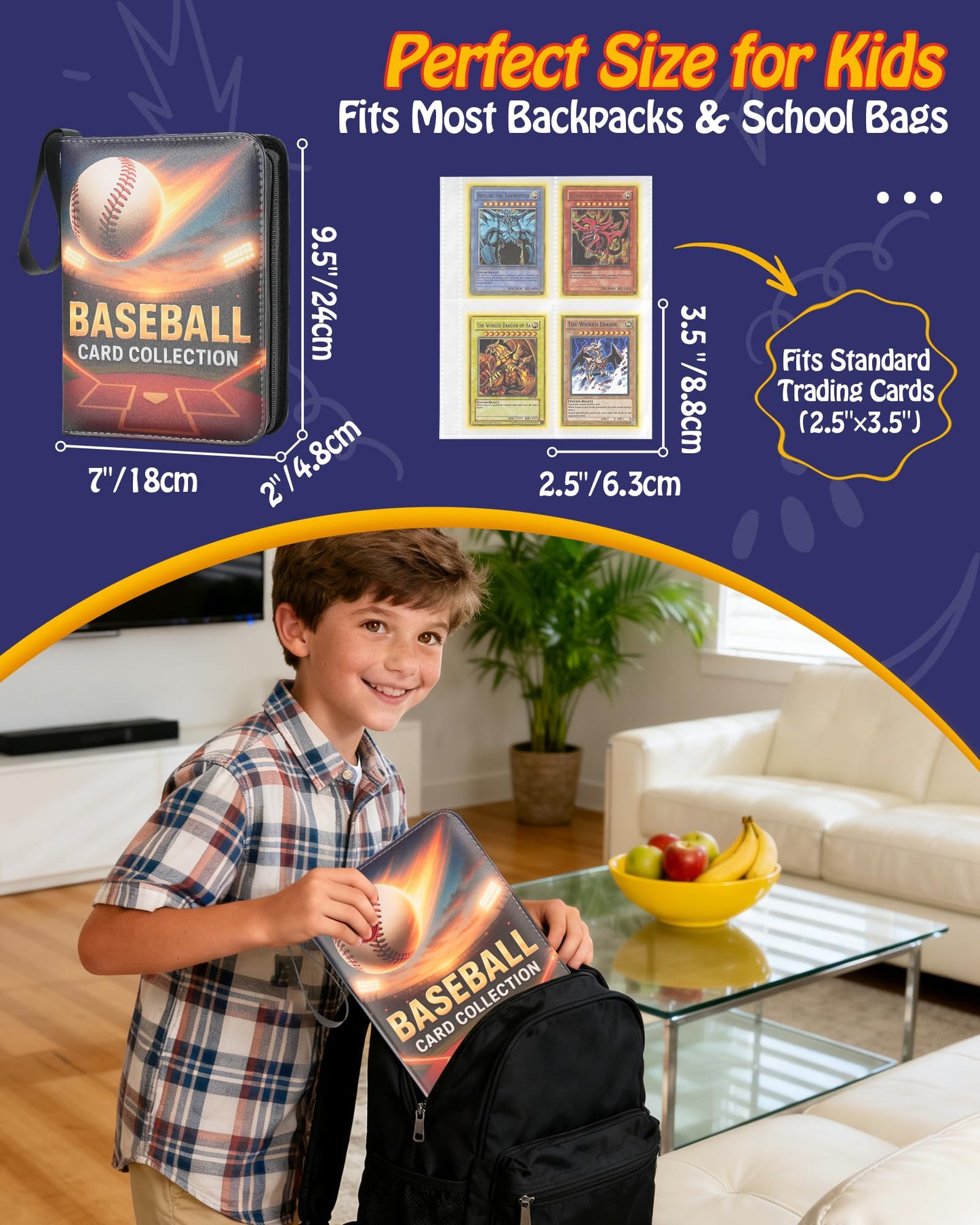 Baseball card binder 4-Pocket holds 400 cards, 100 pages side-loading, PU leather zip waterproof cover, acid-free pages, for home storage & card