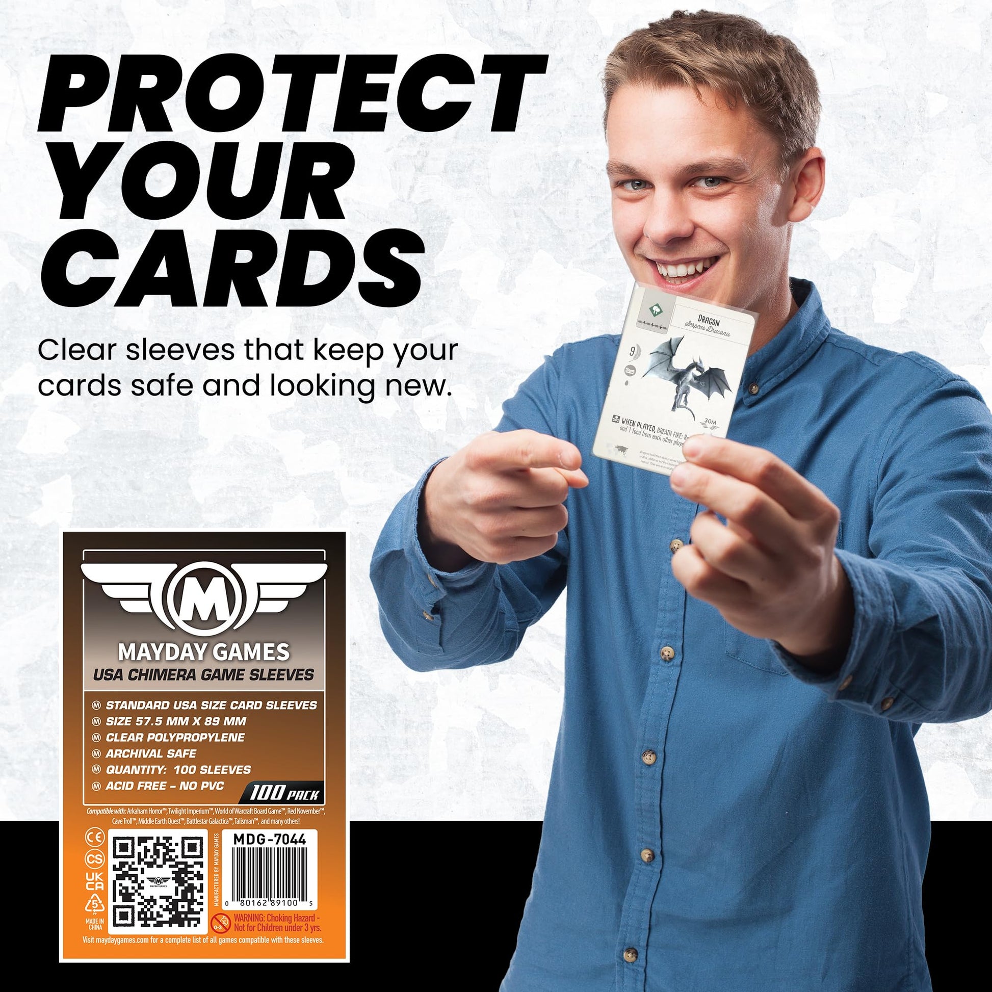 Mayday Games USA Chimera Card Sleeves - 100 Pack, 57.5 x 89 mm, Super Clear 40 Micron Polypropylene, Acid-Free, PVC-Free - MDG-7044