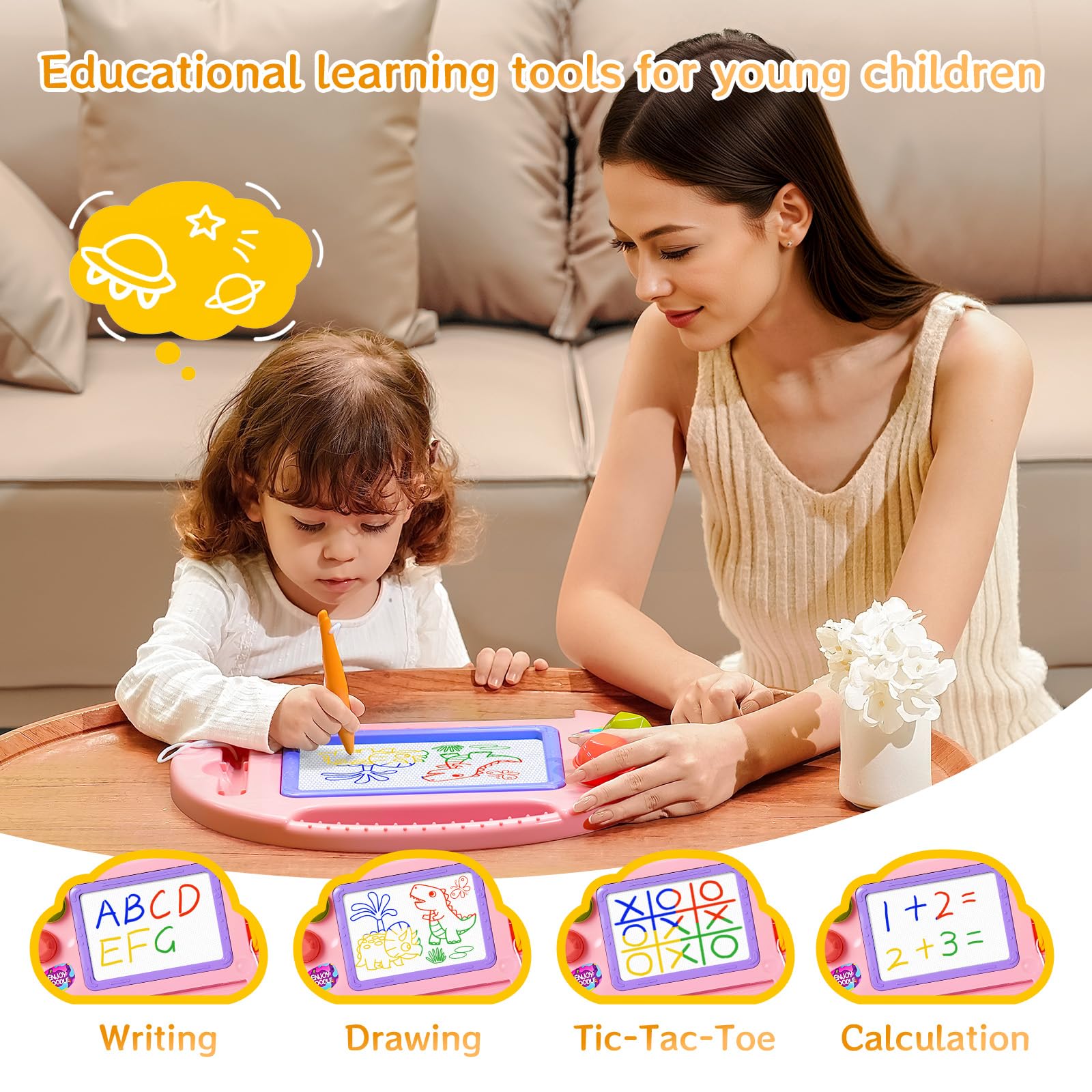 HVETO Magnetic Drawing Board, Toddler Girl Toys for 1-2 Year Old, Doodle Board Pad Learning and Educational Kids Toys for 1 2 3 Year Old Baby Girl