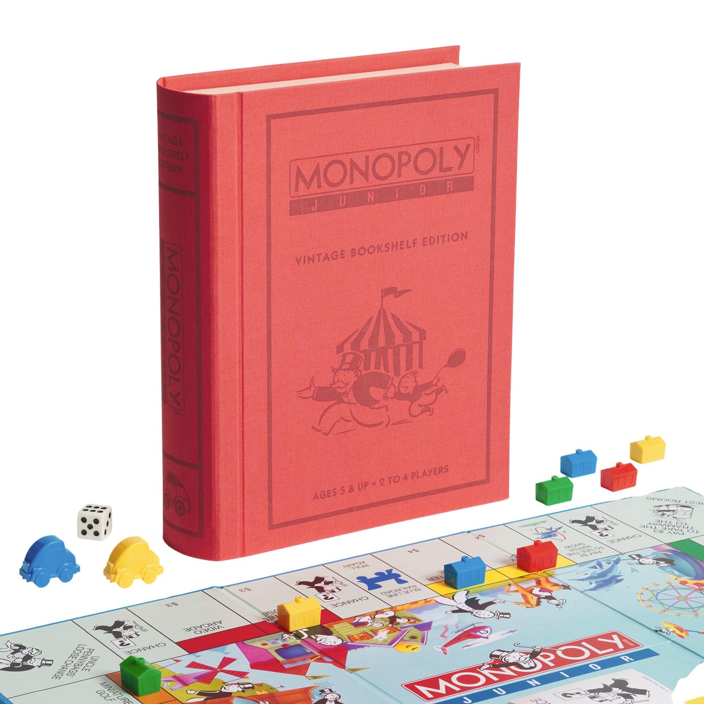 WS Game Company Monopoly Junior Vintage Bookshelf Edition: Linen Fabric-Wrapped Book Case - Classic Monopoly Jr. Board Game for Family Game Night (2-4