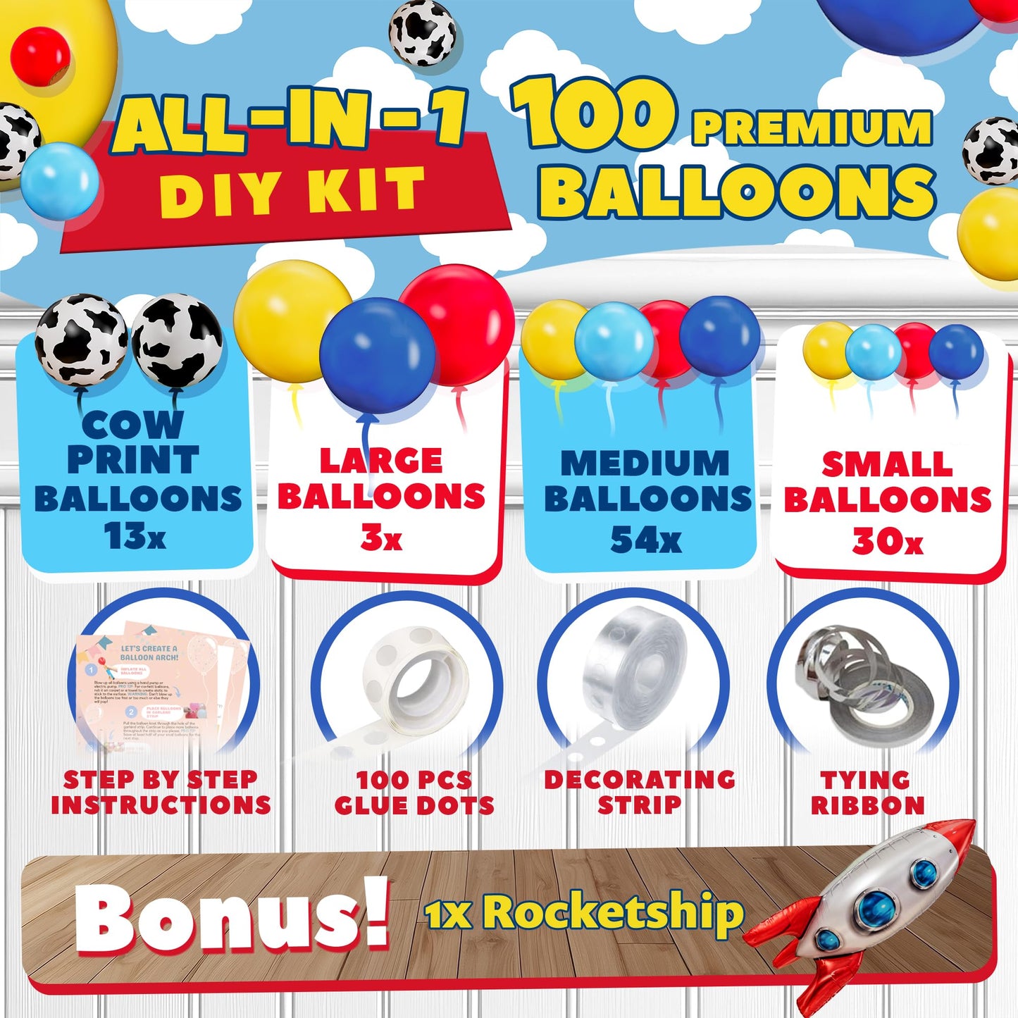 ALL-IN-1 Toy theme Inspired Balloons Garland Kit & Arch with BONUS Rocketship for Birthday Party and Baby Shower Decorations - Red Blue and Yellow