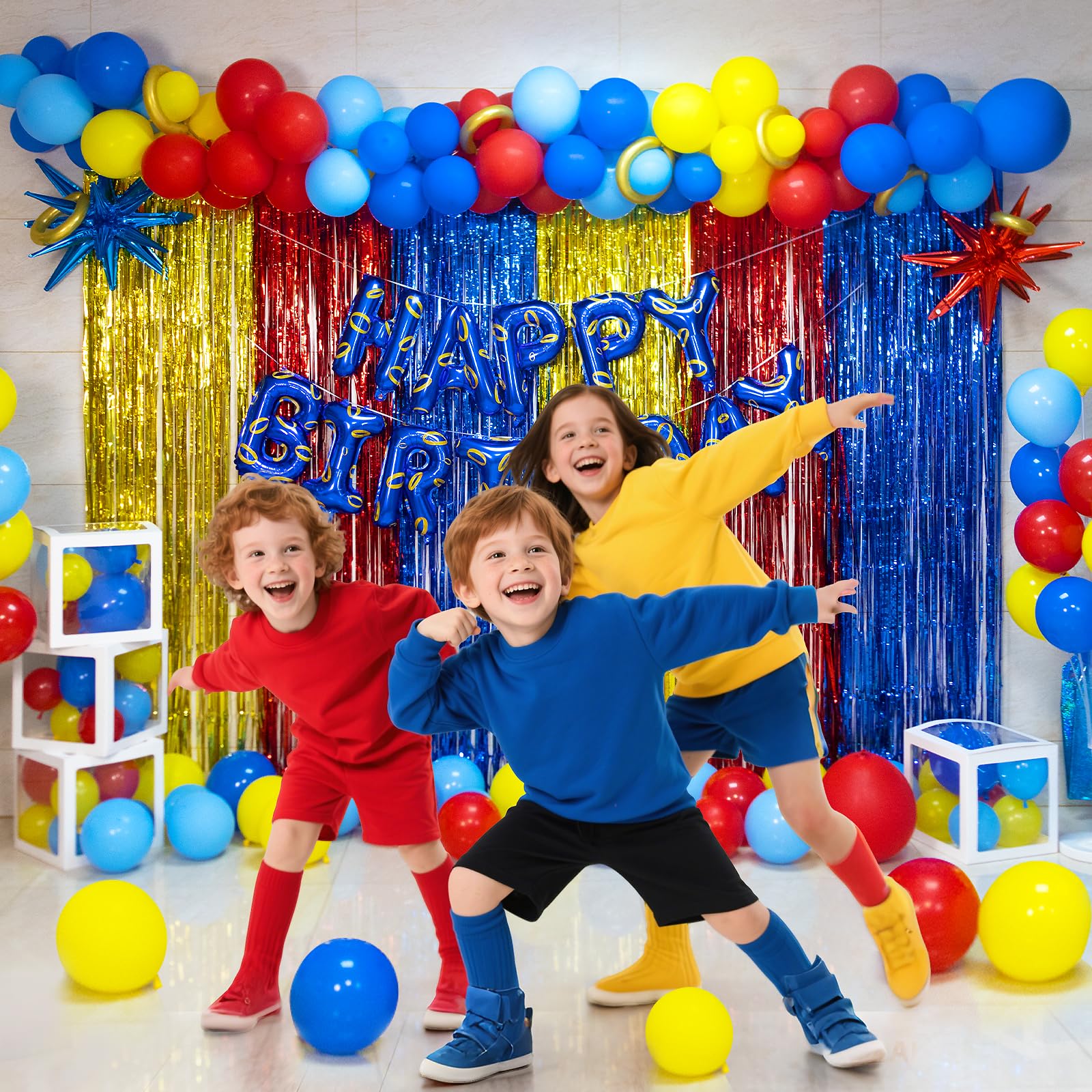 Cartoon Blue Hedgehog Theme Happy Birthday Banner Party Decorations Supplies Blue and Gold Ring Print Balloons Letters Signs Backdrop for Boys Kids