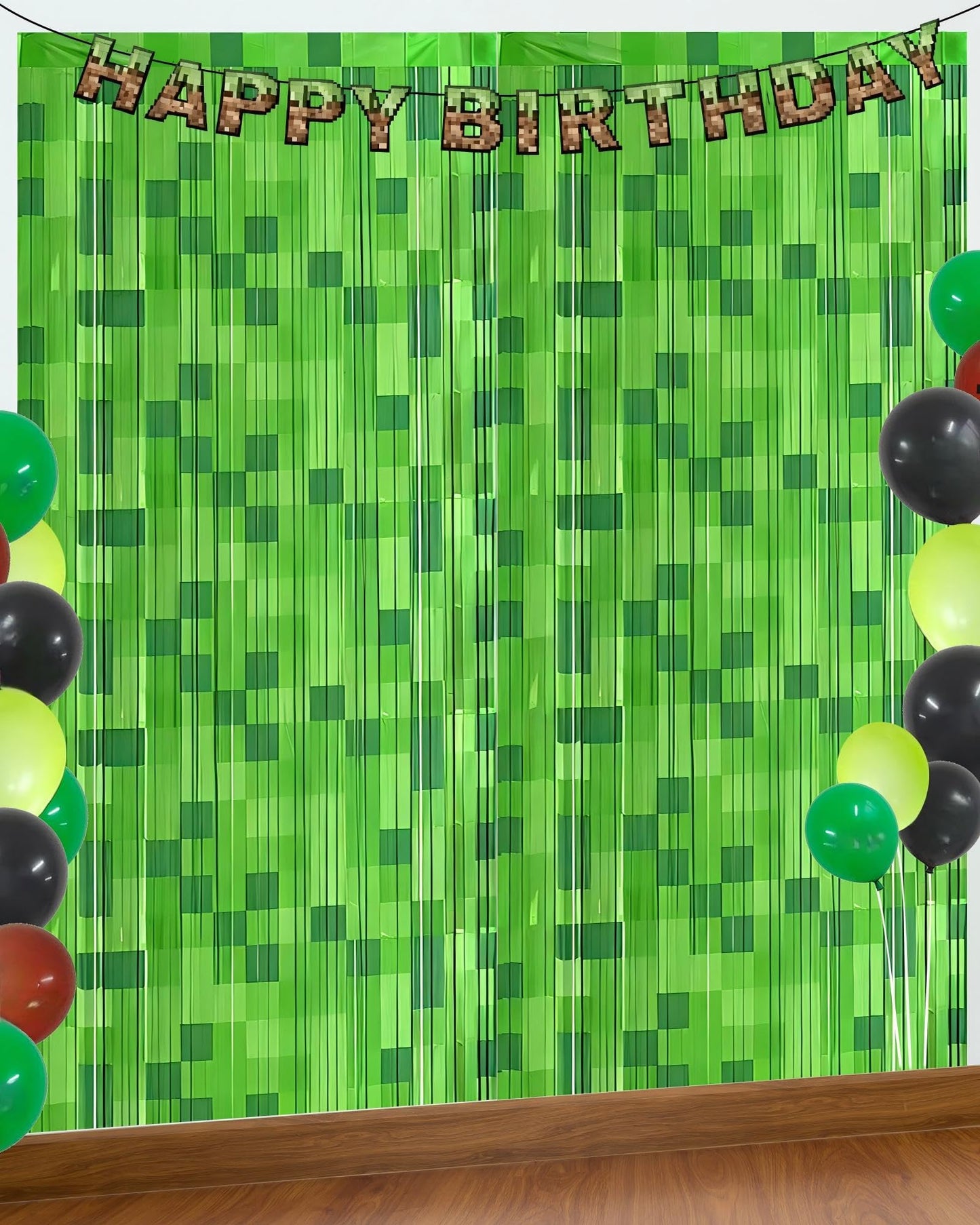 Green Pixel Miner Foil Fringe Curtains - 2 Pack 3.3x6.6ft Metallic Video Game Birthday Photo Booth Backdrop, Door Streamers for Gamer Party