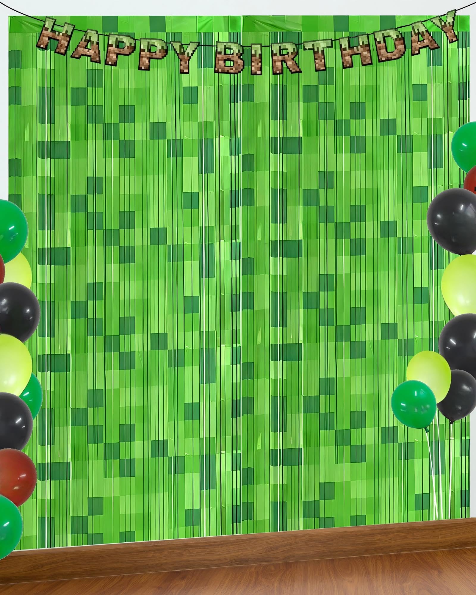 Green Pixel Miner Foil Fringe Curtains - 2 Pack 3.3x6.6ft Metallic Video Game Birthday Photo Booth Backdrop, Door Streamers for Gamer Party