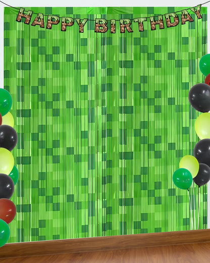 Green Pixel Miner Foil Fringe Curtains - 2 Pack 3.3x6.6ft Metallic Video Game Birthday Photo Booth Backdrop, Door Streamers for Gamer Party
