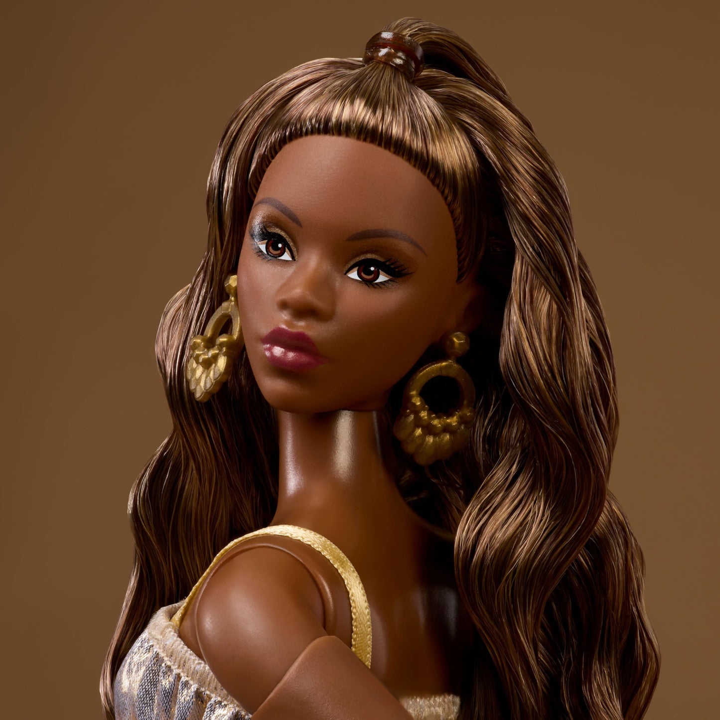 Barbie Basics Model Collector Fashion Doll 09 with Brunette Hair in Golden Dress & Strappy Heels, Universal-fit Fashions & Posable Body