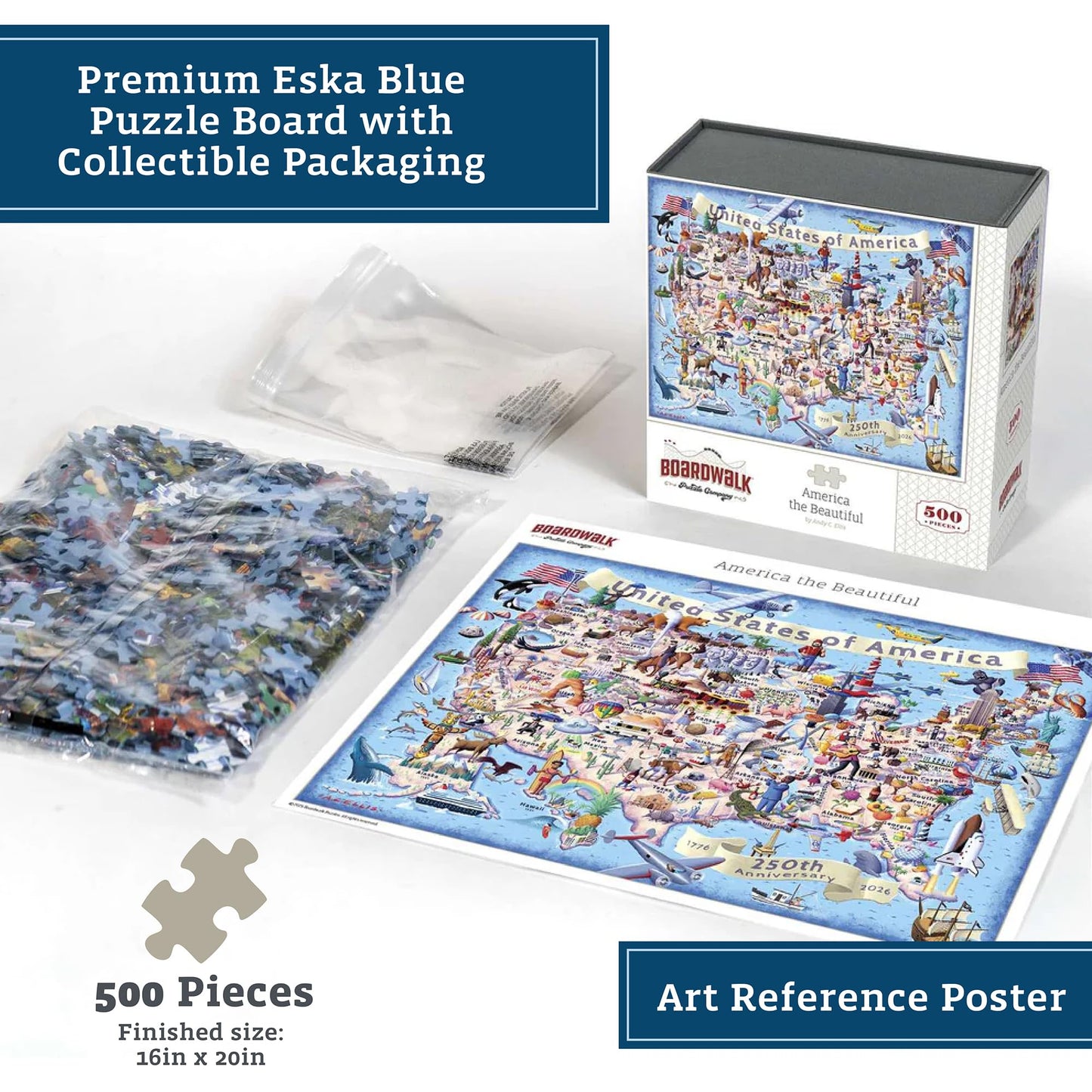 Boardwalk 500 Piece Jigsaw Puzzle 250th Anniversary 4th of July Patriotic Summer Premium Puzzles for Adults and Family 16"x20" - America the Beautiful