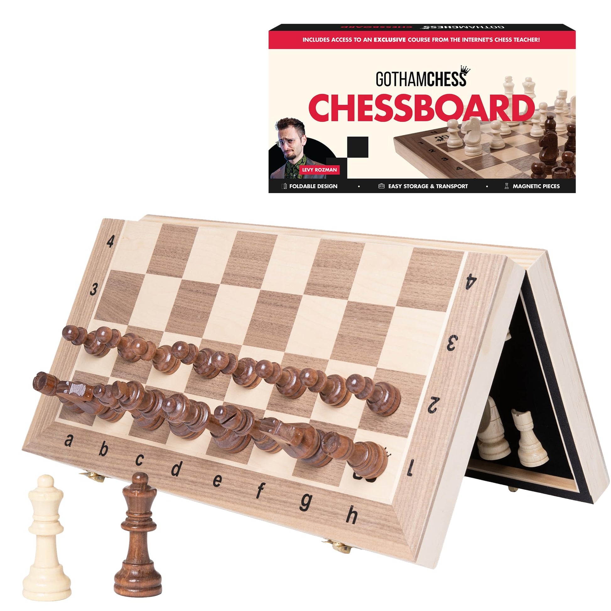 GothamChess Board | Foldable & Portable, Magnetic Chess Pieces, Organized Fitted Storage, Includes Course by International Master Levy Rozman, Game