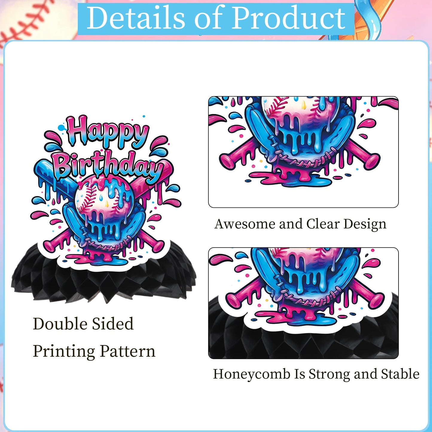 Musaeva Baseball Drip Birthday Party Decorations - 9 Pcs Baseball Ice Cream Drip Honeycomb Centerpieces Decorations, Black and Pink Ice Cream Drip