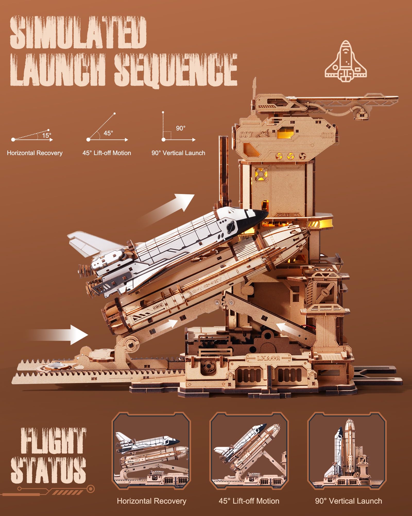 ROBOTIME 3D Space Shuttle Wooden Puzzle for Adults, Dynamic Rocket Launch Model Building Kits with Lights, AS Home Desktop Decoration for Men Gifts