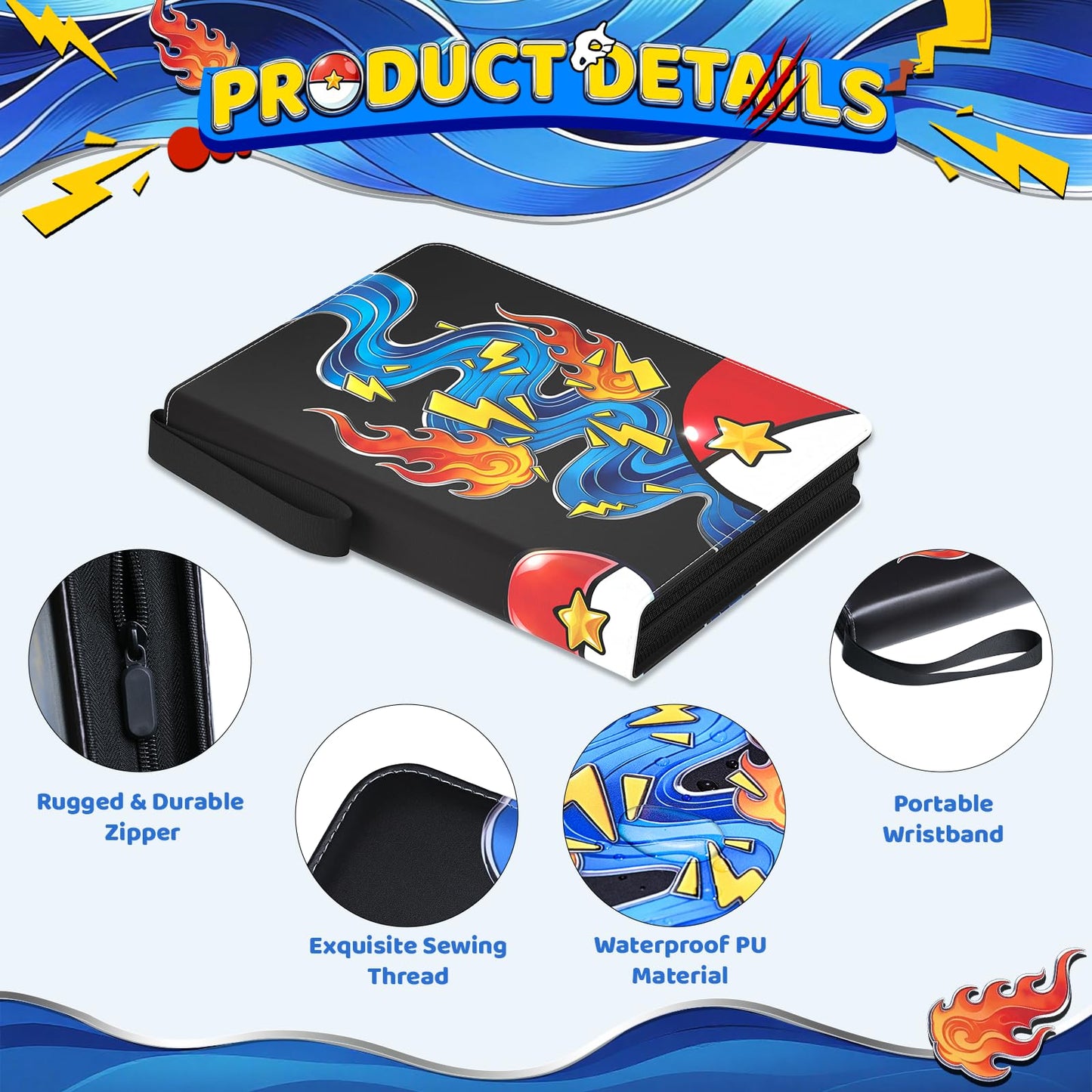 Trading Card Binder, 9 Pocket 900-Pocket with 50 Removable Binder Sleeves, 3-Ring Zipper Waterproof Card Collection Binder, Trading Card Holder for
