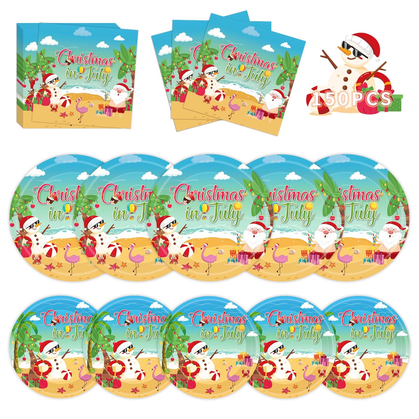 150Pcs Christmas in July Plates and Napkins - Merry Christmas Dinner Dessert Paper Plates Napkins Tableware Set for Hawaiian Beach Summer Xmas