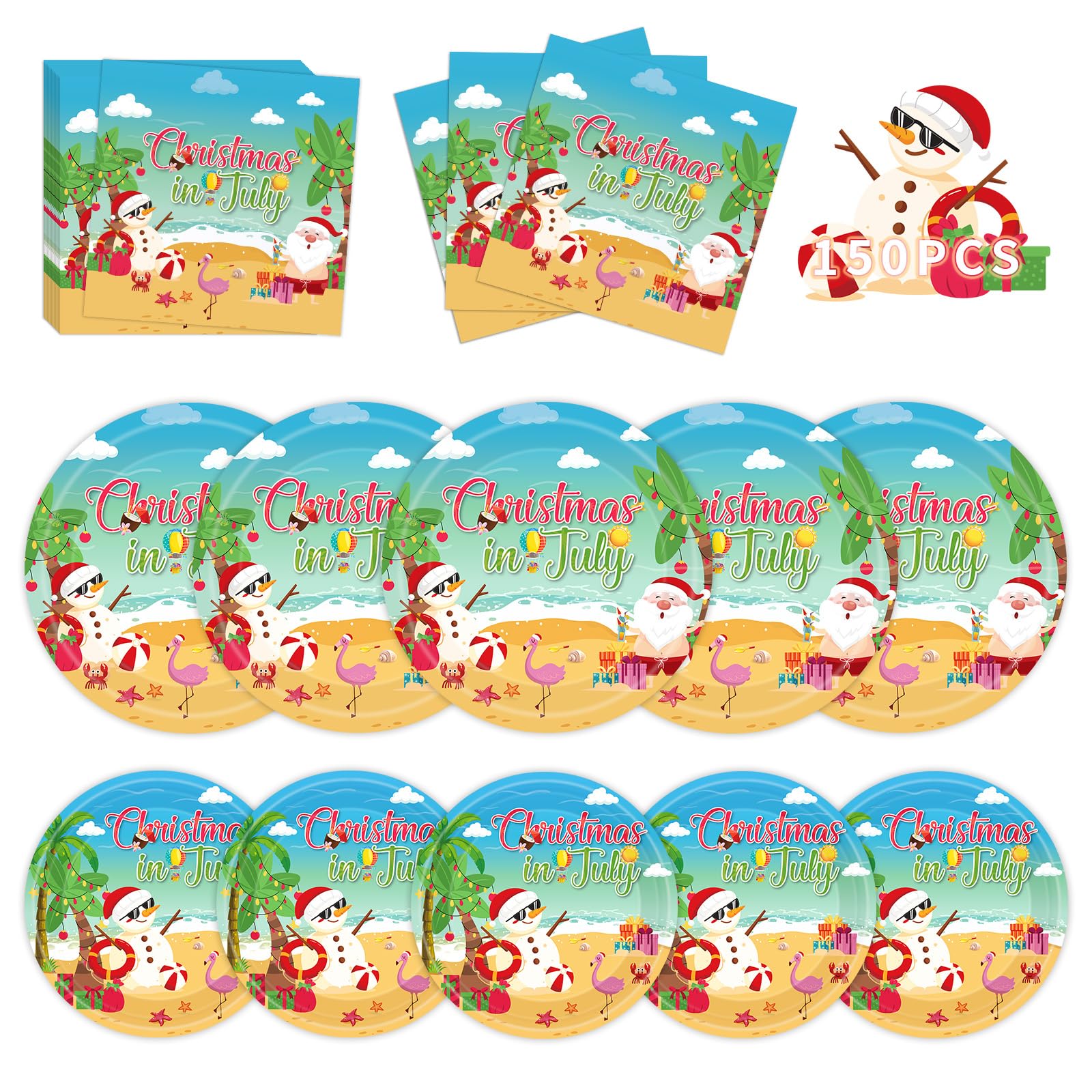 150Pcs Christmas in July Plates and Napkins - Merry Christmas Dinner Dessert Paper Plates Napkins Tableware Set for Hawaiian Beach Summer Xmas