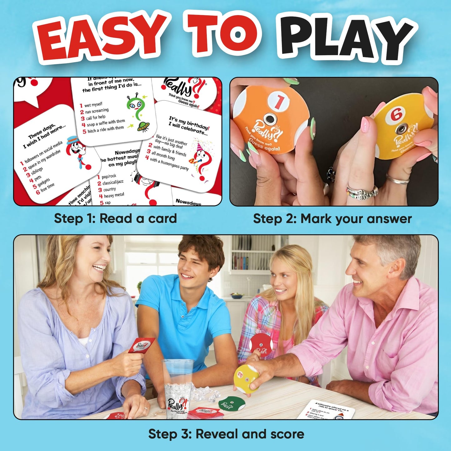 Really?! Games You Think You Know Me Fun Family Card Game for Adults Teens and Kids, 100 Question Cards with 500 Answers, Guessing Game with Number