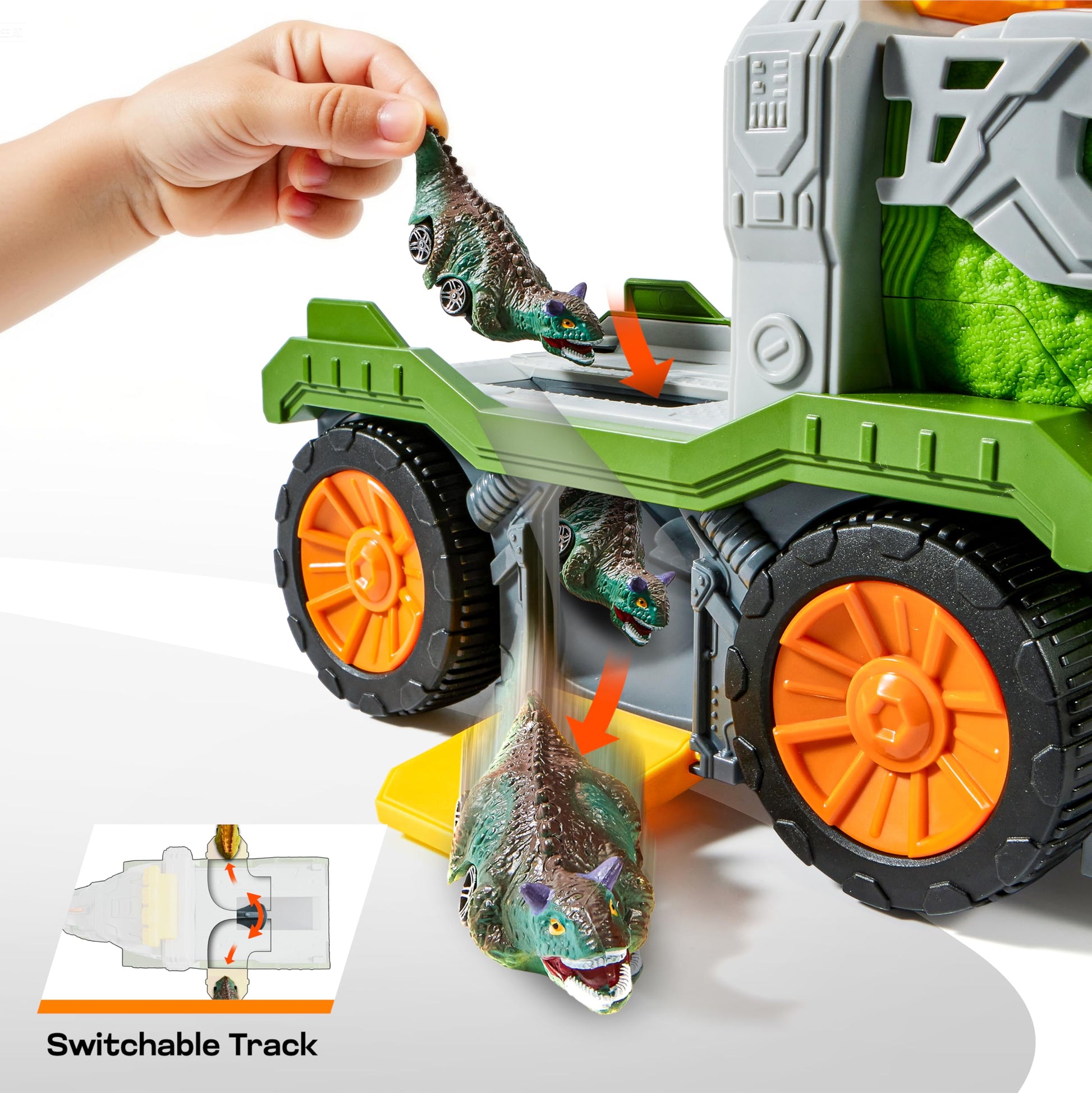 Vroomix JOVA Dinosaur Toys for Kids 3-5, Dinosaur Carrier Truck with 2 Pcs Cars and 6 Pcs Figures for Toddlers, T.Rex Truck with Launcher and Darts