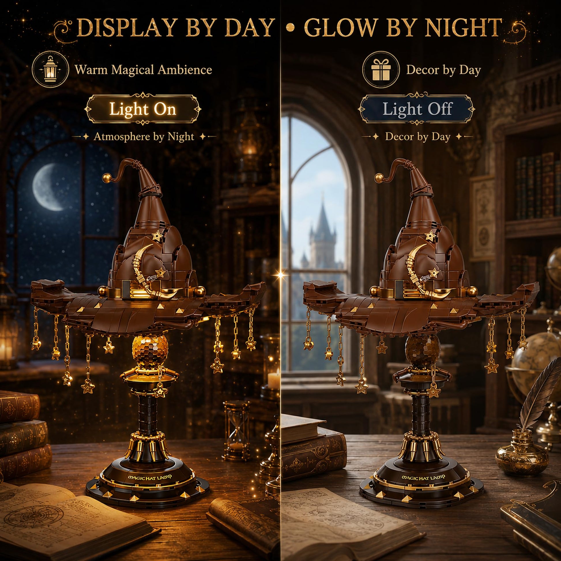 LQPFBSM Magic Hat Lamp Building Block Set 698 Pcs Fantasy Sorcerer Headgear Model Kit with Golden Stars & Display Stand Movie Prop Replica Decor