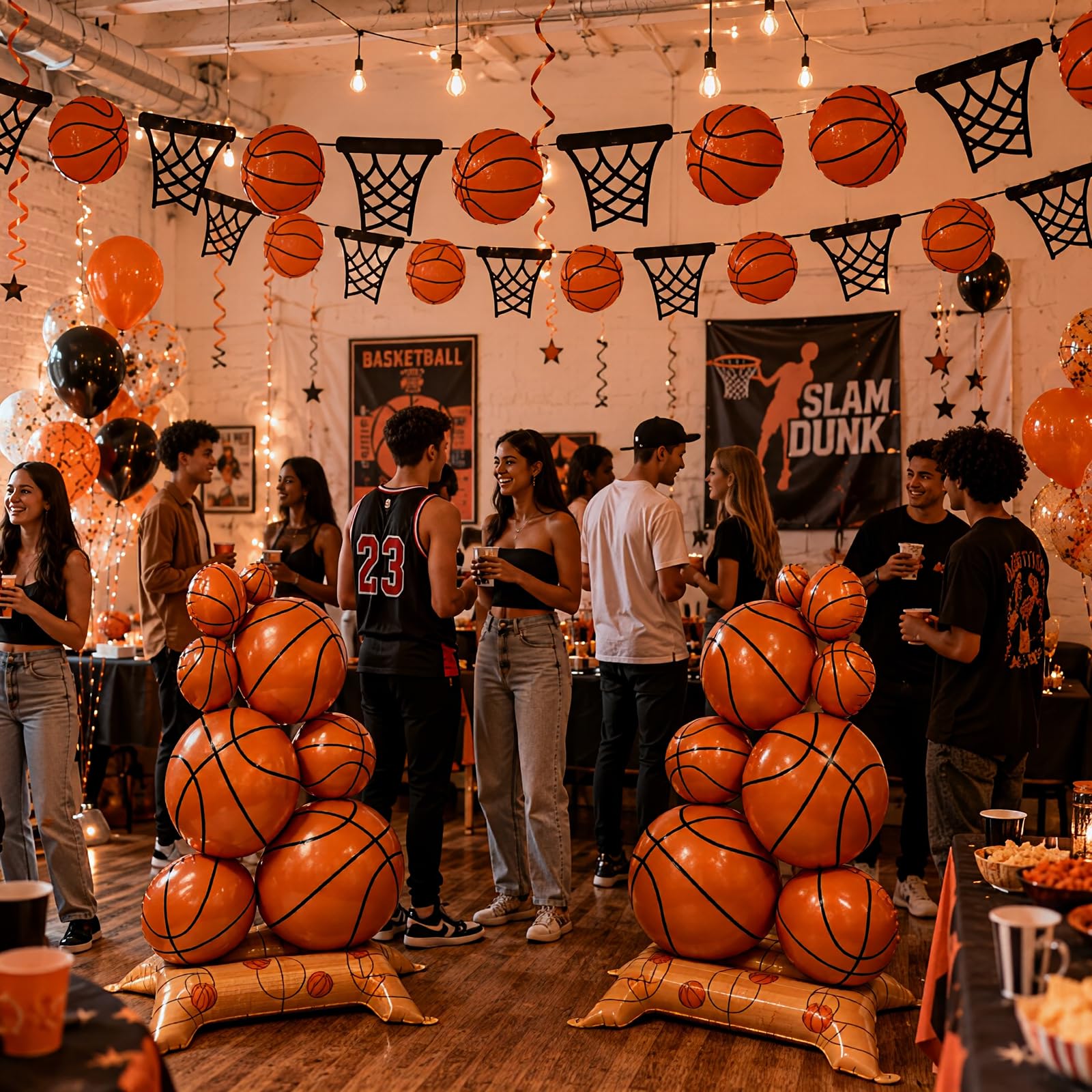 Big Basketball Foil Balloons Self Standing 3.5 ft with Field Base for Birthday Themed Decoration for Party Senior Nights Sports Supplies Decor