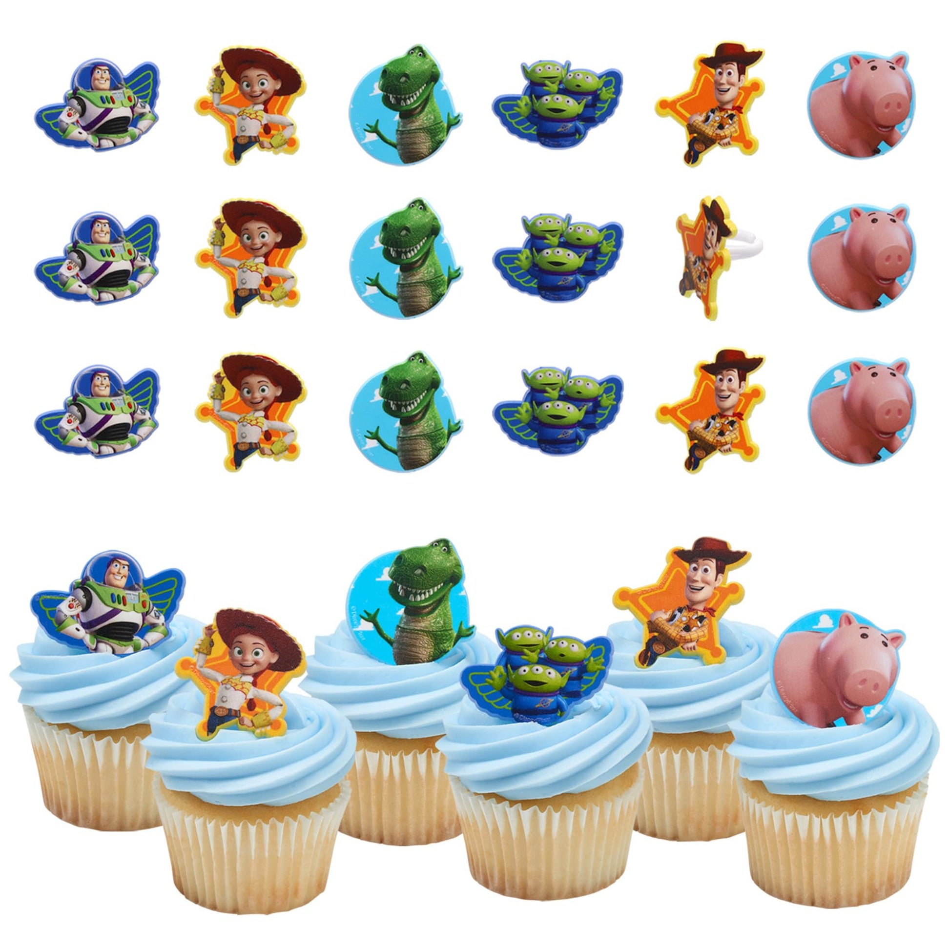 Disney & Pixar Toy Story Cupcake Rings, 24 Toy Story Cake Decorations Featuring Woody, Buzz Lightyear, Jessie, Rex, Hamm, & Aliens! Food Safe - 24