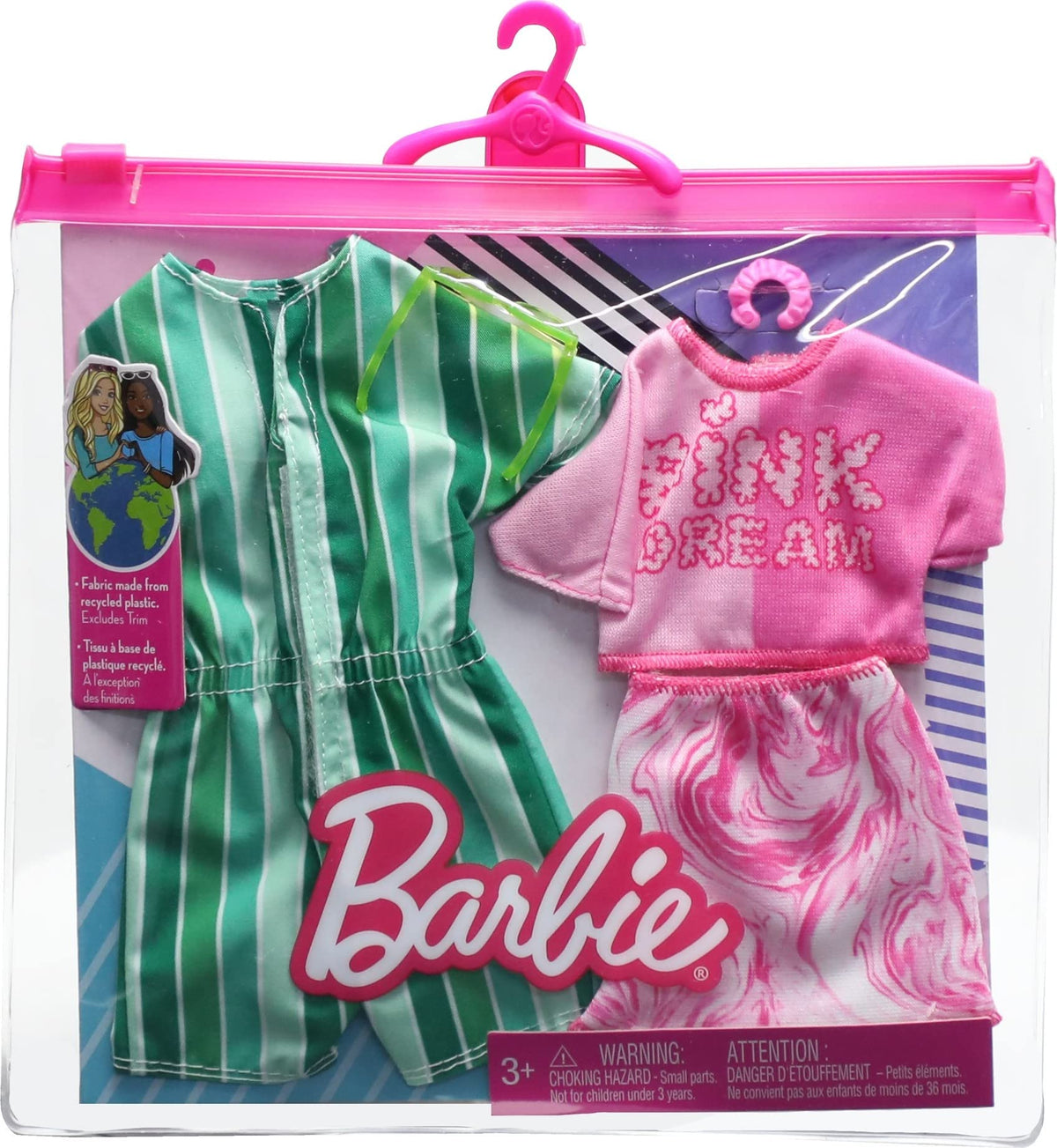 Barbie & Ken Fashions 2-Pack Clothing & Accessories Set, Pink Dream Top & Skirt with Bracelet for Barbie Doll & Striped Romper & Sunglasses for Ken