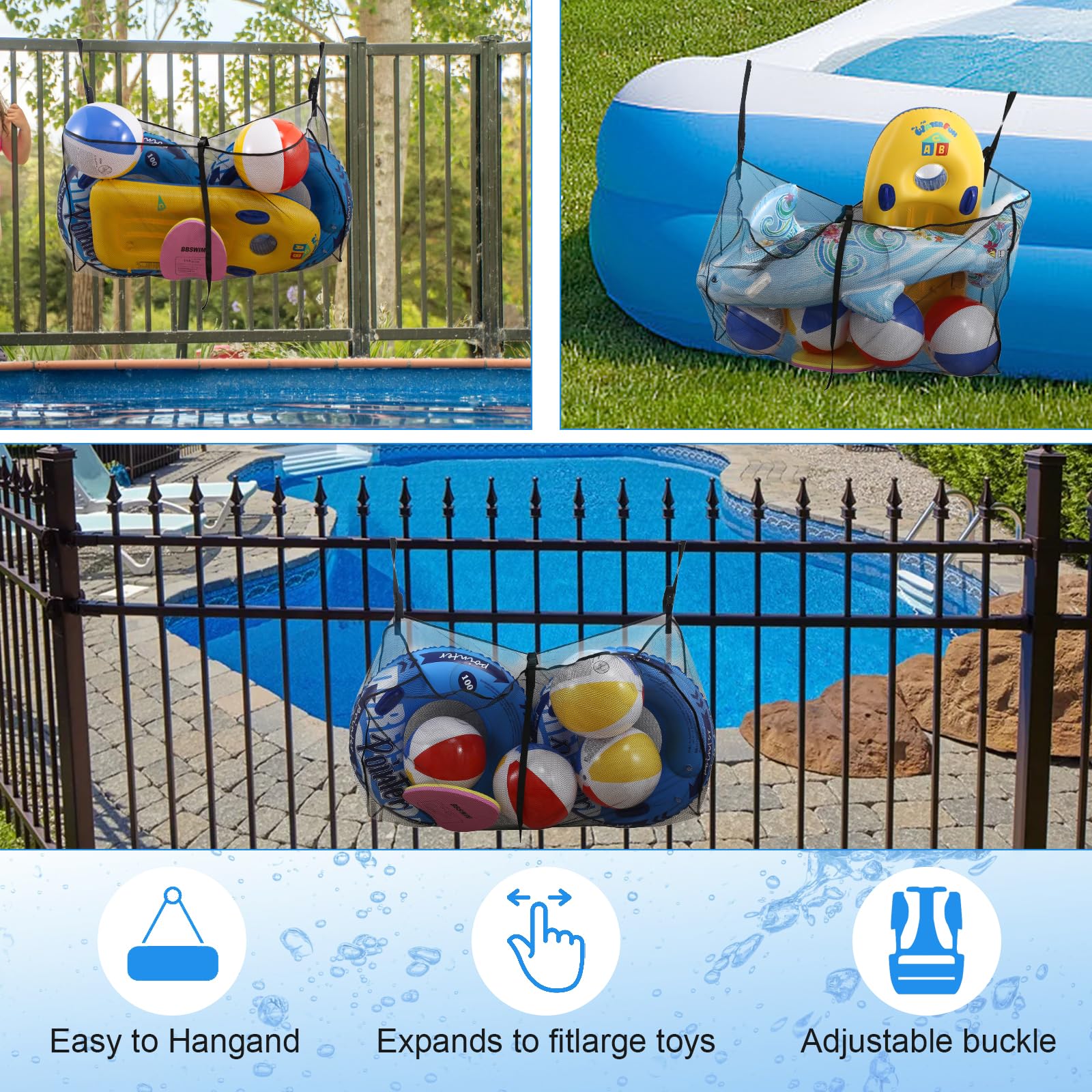 Pool Float Storage Bag,Adjustable Pool Toy Storage Organizer Hanging Mesh Bag for Rafts,Balls,Floats,Noodle,Inflatable Toys,Large Pool Toy Storage Net