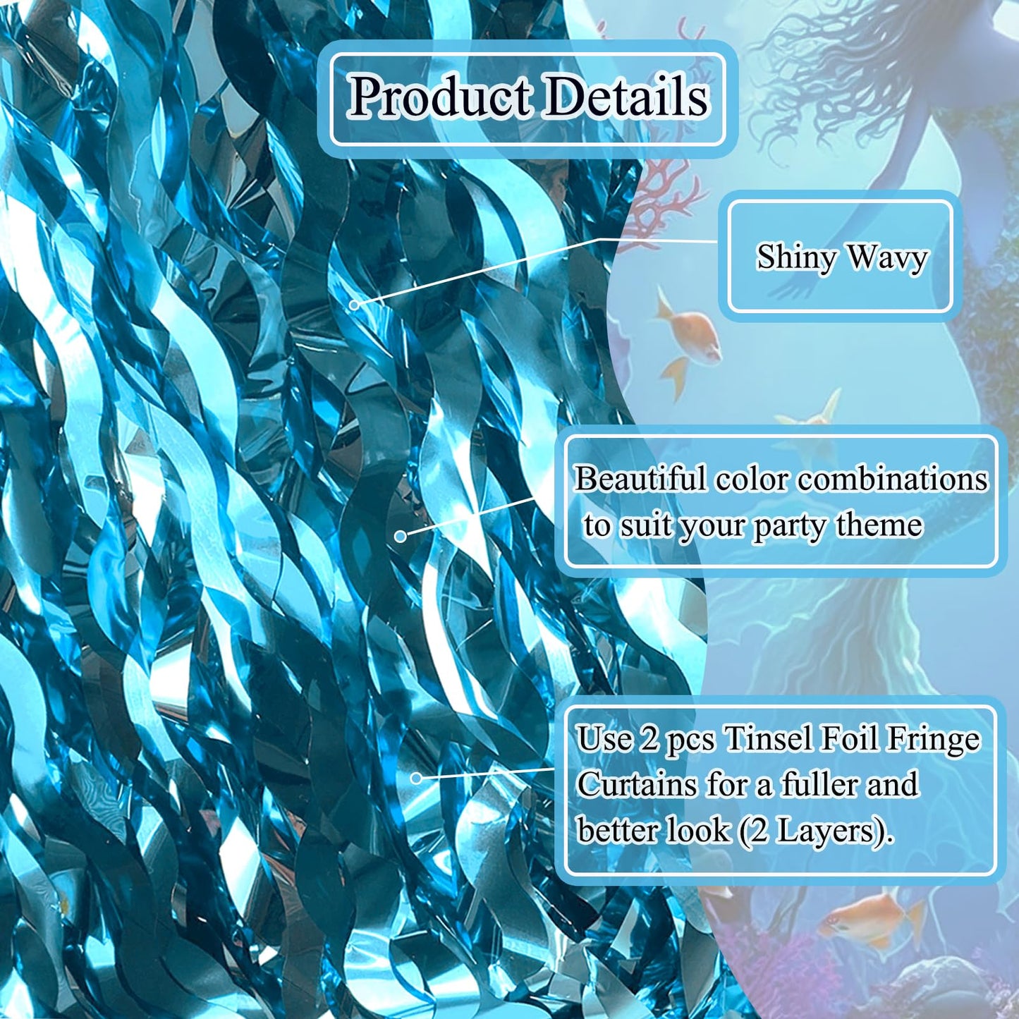 BUDICOOL 2 pcs Blue Wavy Tinsel Curtains,Under The Sea Party Decorations
