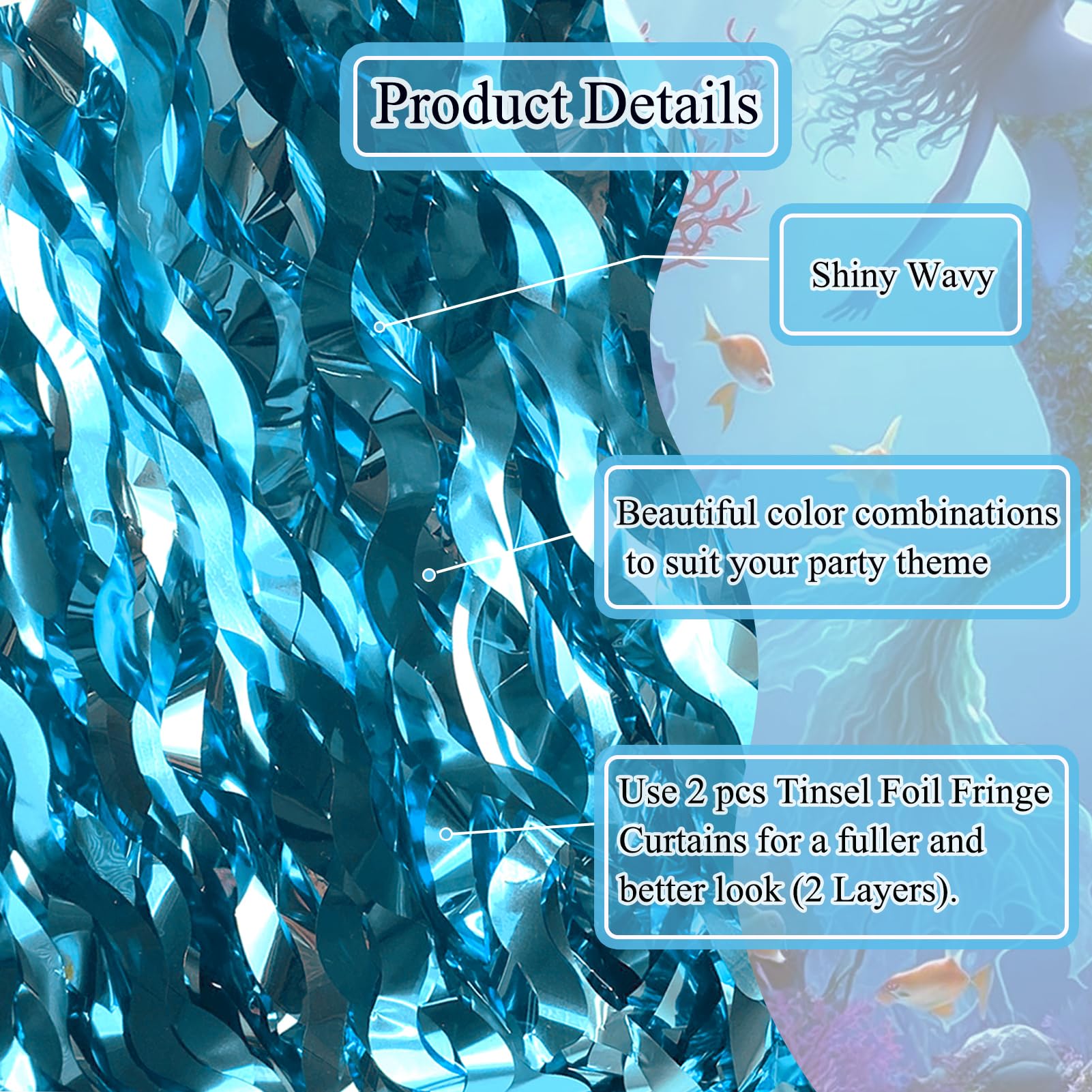 BUDICOOL 2 pcs Blue Wavy Tinsel Curtains,Under The Sea Party Decorations