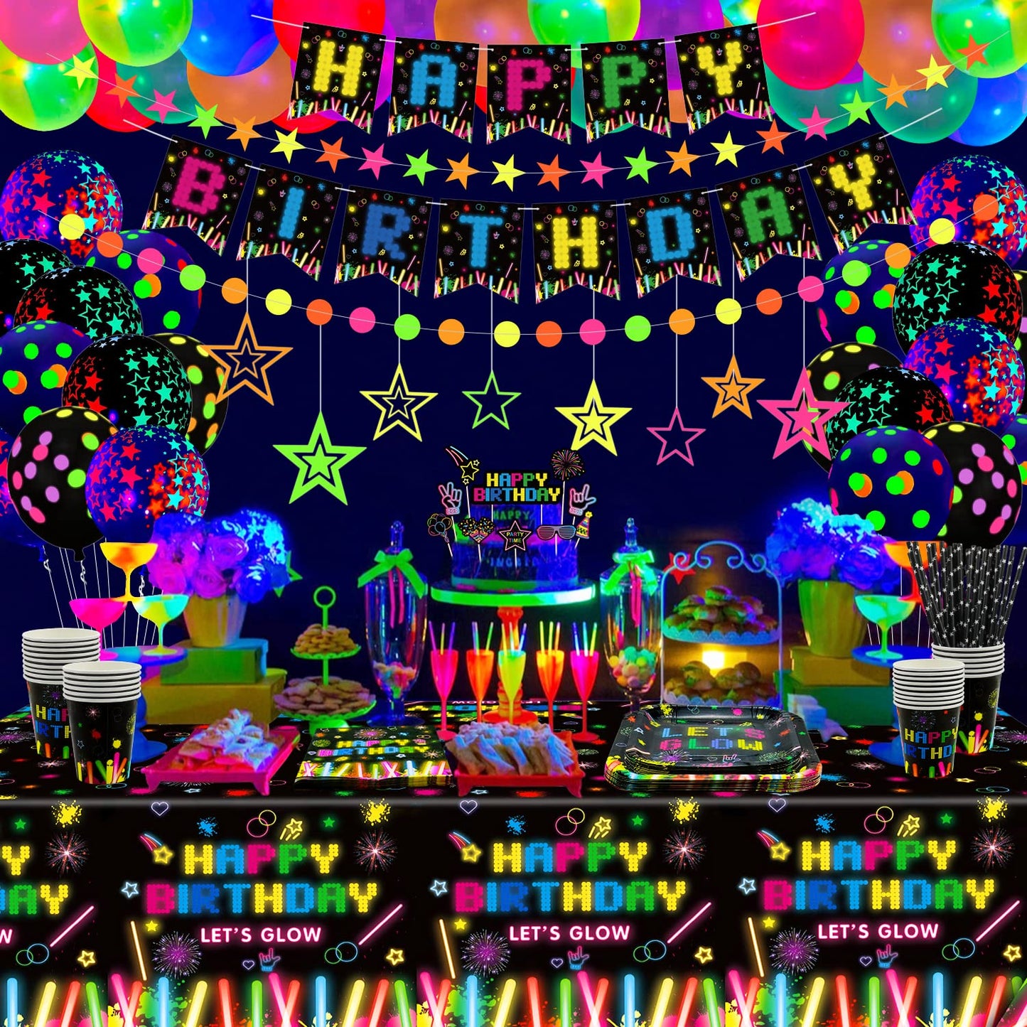 241 PCS Glow Neon Party Supplies Neon Glow Tableware Set Neon Balloon Glow in the Dark Birthday Banner Hanging Star Cake Toppers for Blacklight Party