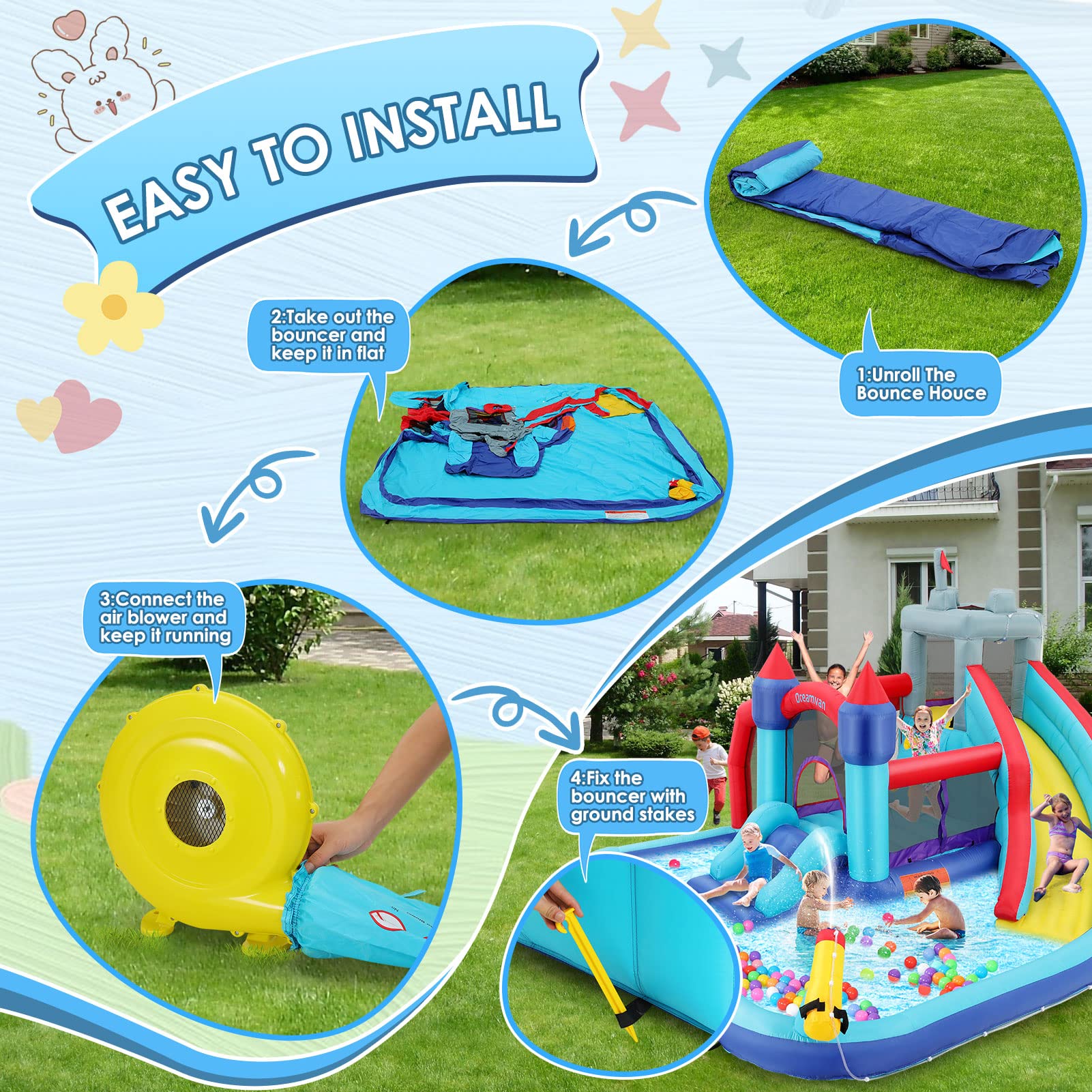 WHUBEFY Bounce House,Inflatable Water Slides for Kids with Blower,Water Bounce House Water Park for Kids Backyard,Waterslide Splash Pool,Water