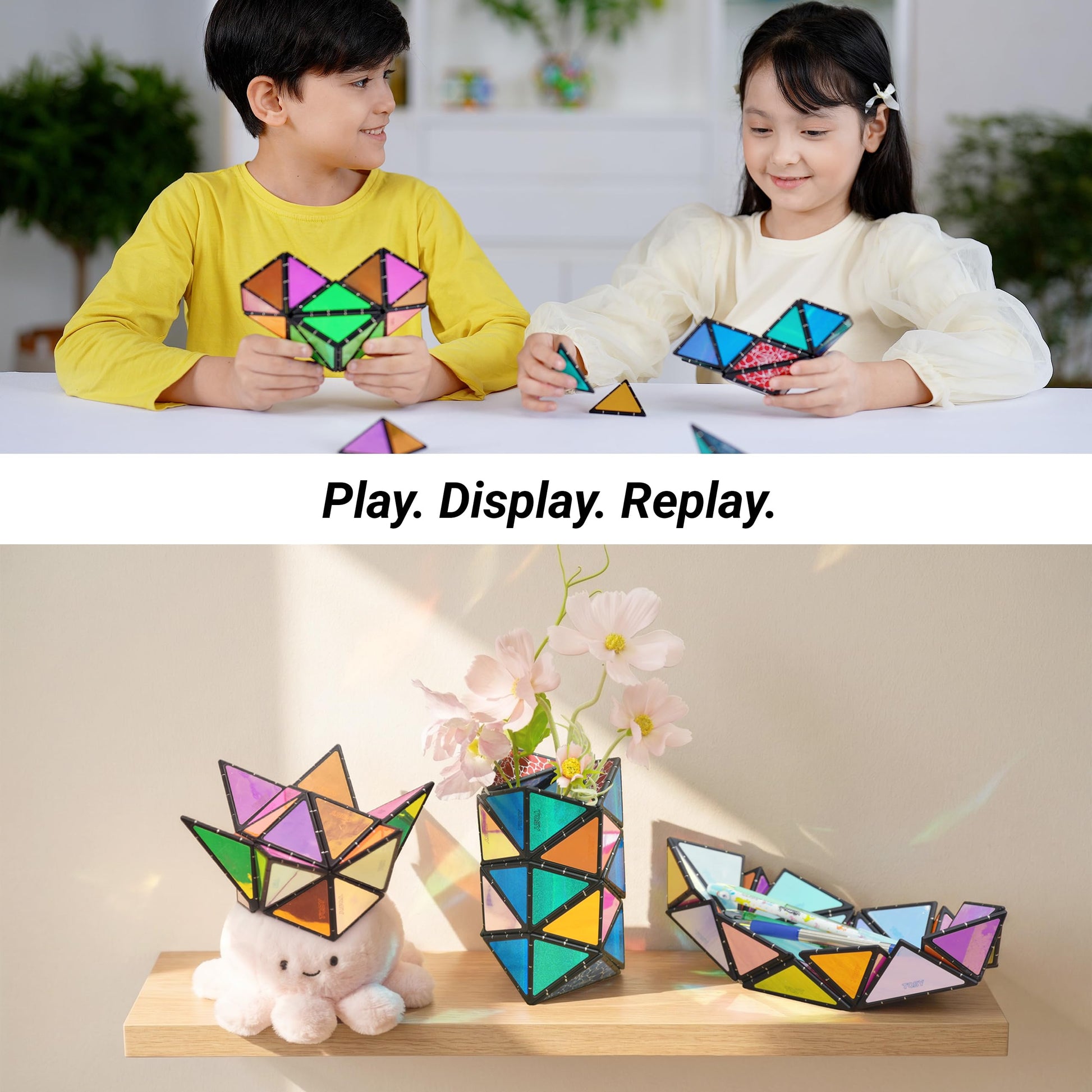 TOSY Magnet Pyramid Stone - 1 Cube Transforms into 1 Billion Shapes, 12 Pieces, 243 Rare Earth Magnets, Holographic Design Magnet Tiles Creative
