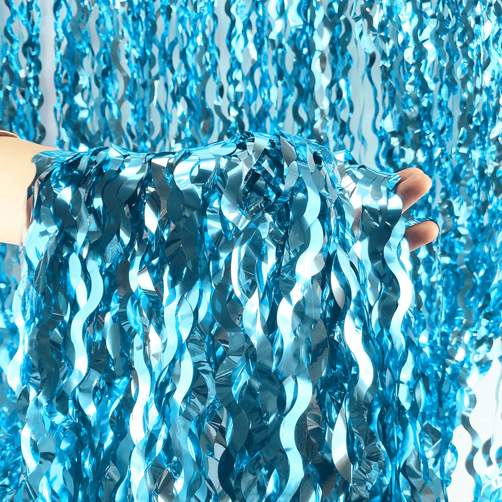 BUDICOOL 2 pcs Blue Wavy Tinsel Curtains,Under The Sea Party Decorations